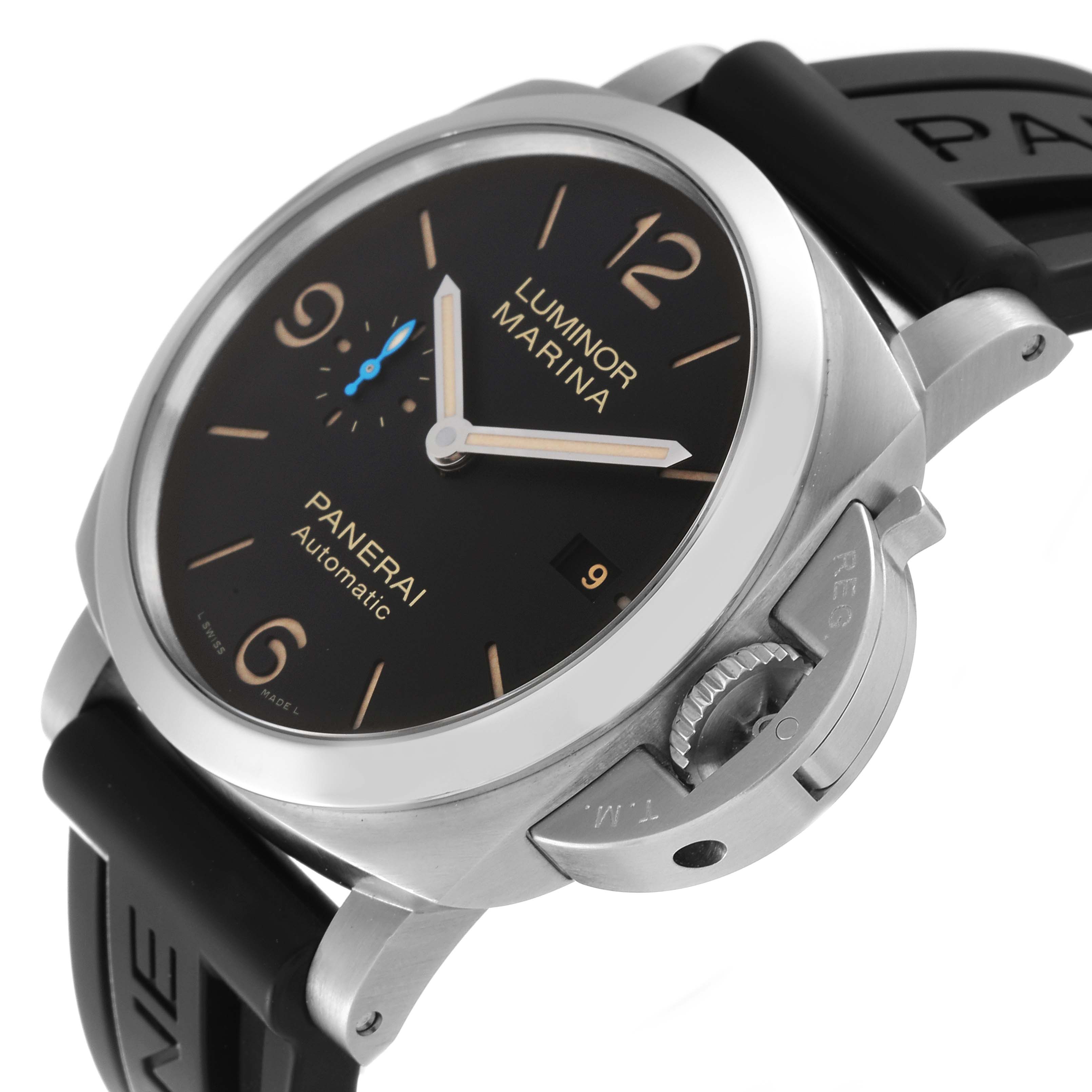The image shows a side view of a Panerai Luminor PAM01312 Men's Stainless Steel Black Dial PAM01312 Men's Stainless Steel Black Dial Marina watch, highlighting the dial, crown protector, and strap.