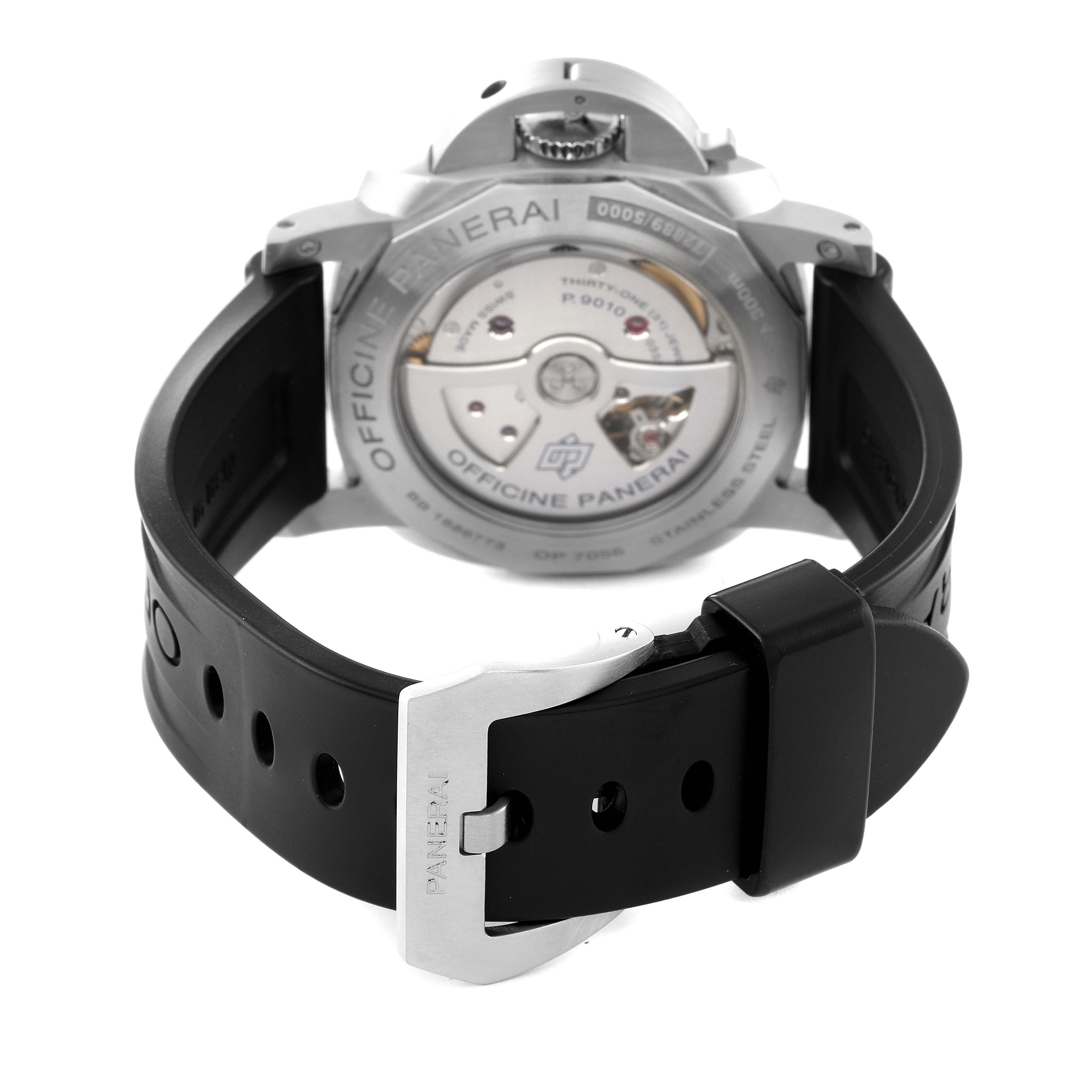 The image shows the back view of a Panerai Luminor PAM01312 Men's Stainless Steel Black Dial PAM01312 Men's Stainless Steel Black Dial watch, highlighting its case back and strap with buckle.