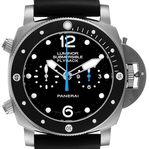 The Panerai Luminor PAM00615 Men's Titanium Black Dial watch is shown from the front, displaying its face, bezel, crown, and pushers.