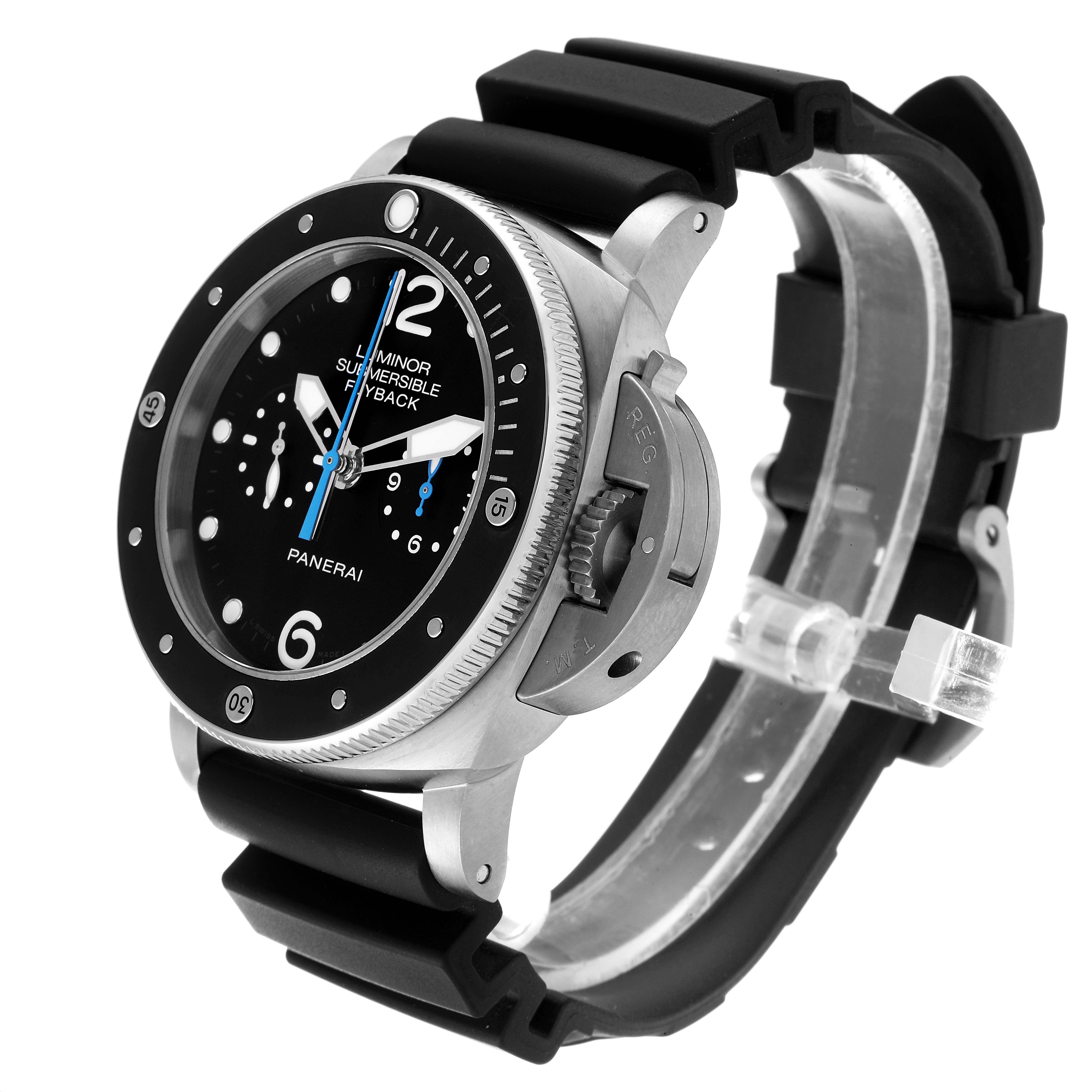 The Panerai Luminor PAM00615 Men's Titanium Black Dial model is shown at a three-quarter angle, displaying the face, bezel, and crown guard.