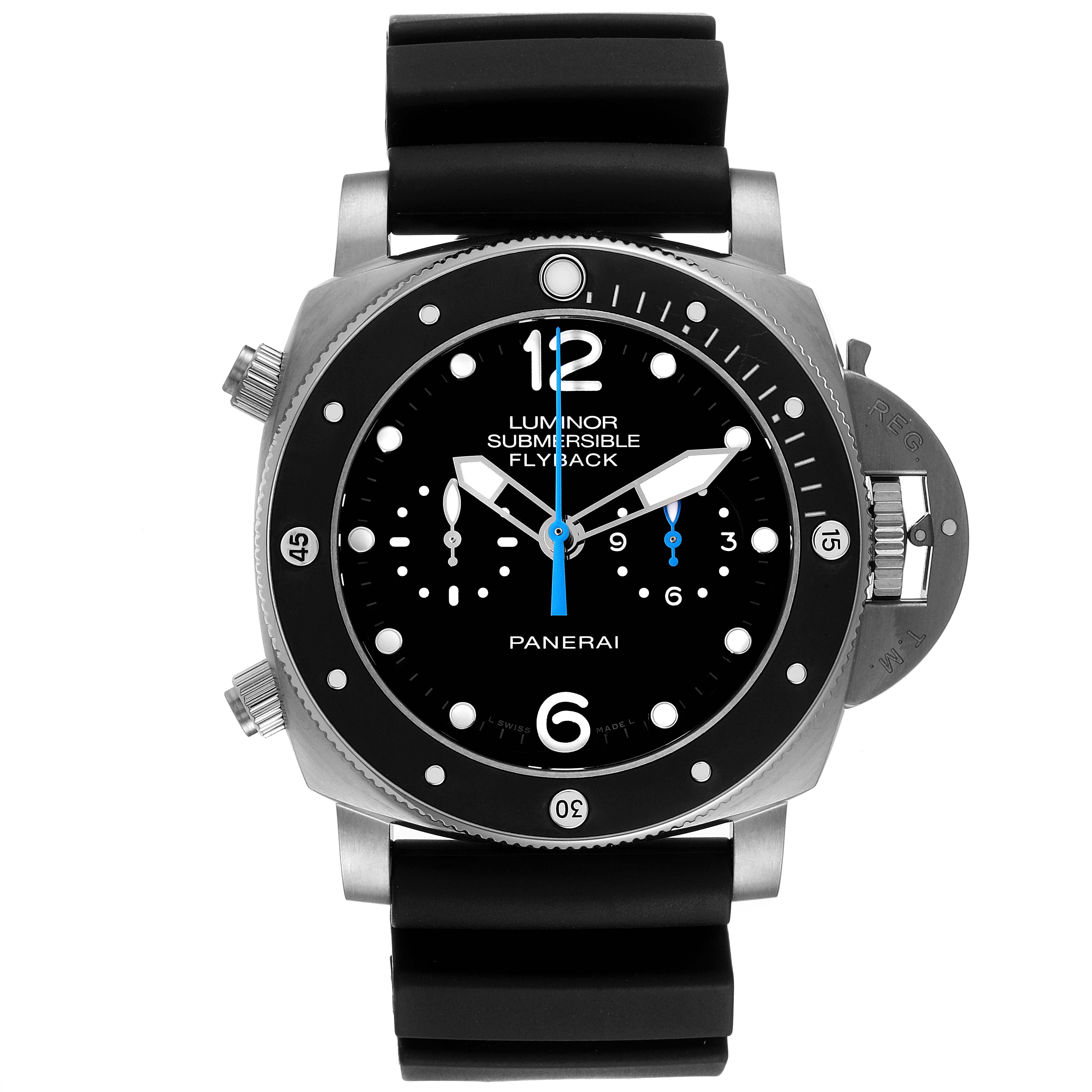 The Panerai Luminor PAM00615 Men's Titanium Black Dial watch is shown from the front, displaying the dial, bezel, and crown guard prominently.