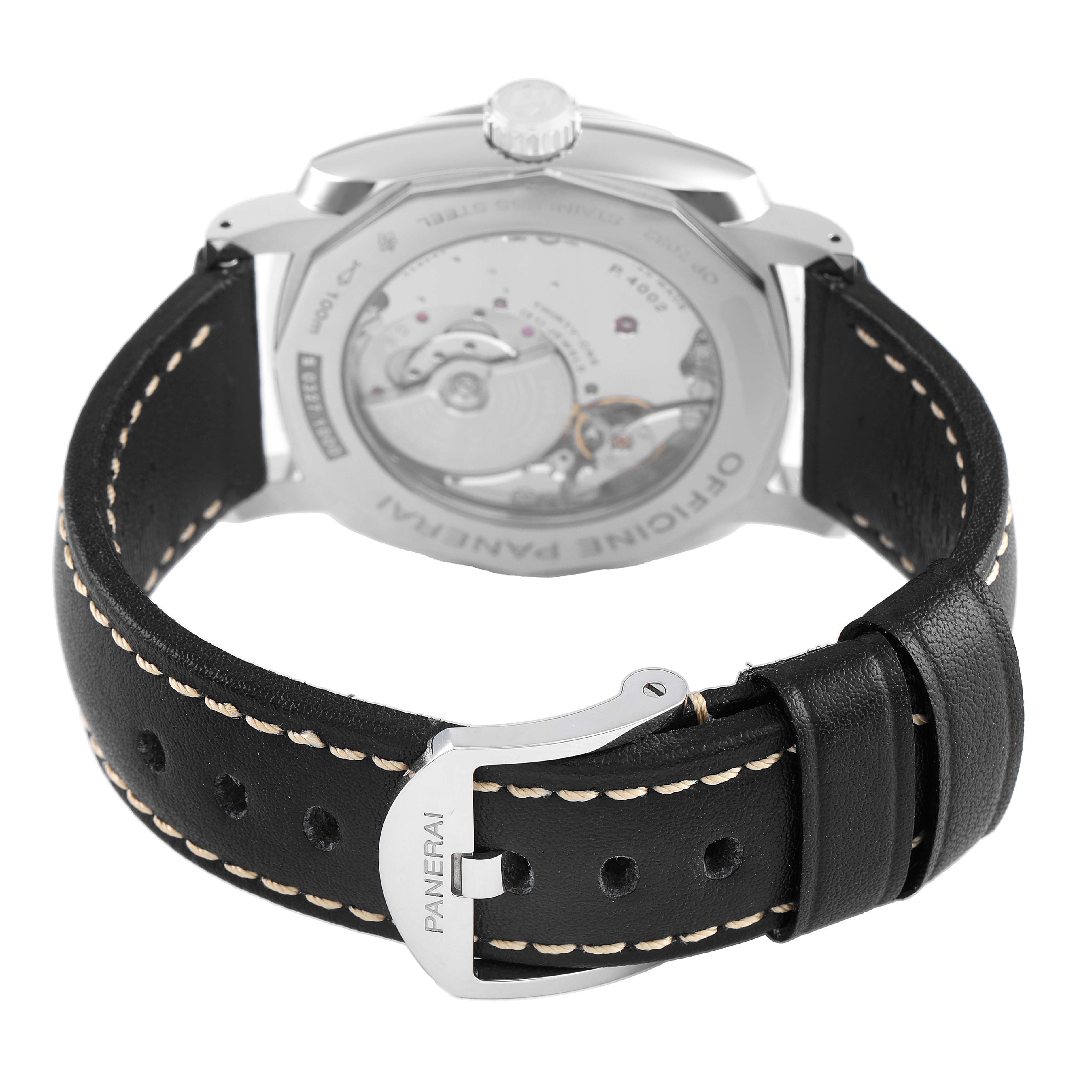 The Panerai Radiomir PAM00628 Men's Stainless Steel Black Dial watch is shown from the back, highlighting the movement and black leather strap with stitching.