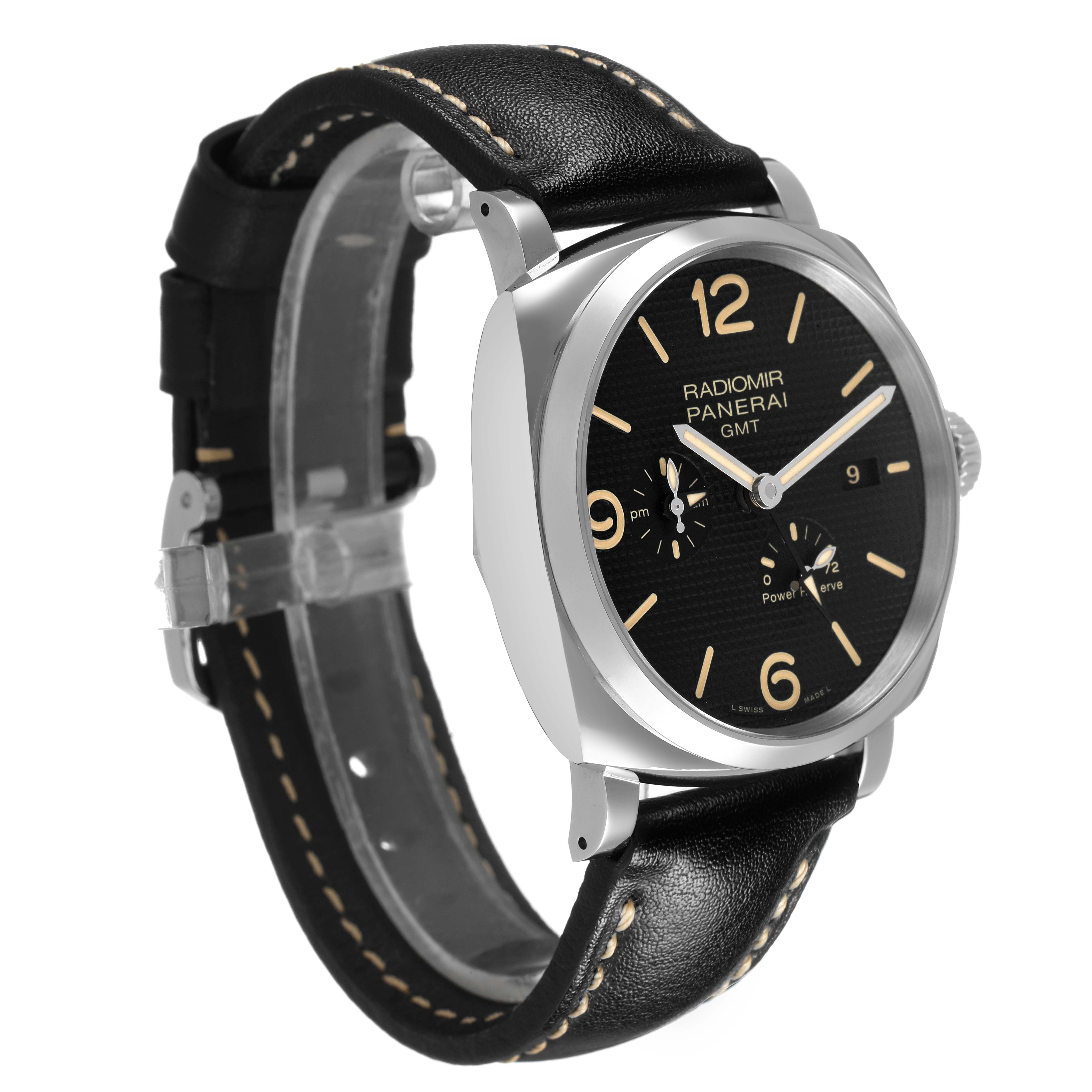 The Panerai Radiomir PAM00628 Men's Stainless Steel Black Dial watch is shown at a three-quarter angle, displaying the face, case, and part of the strap.