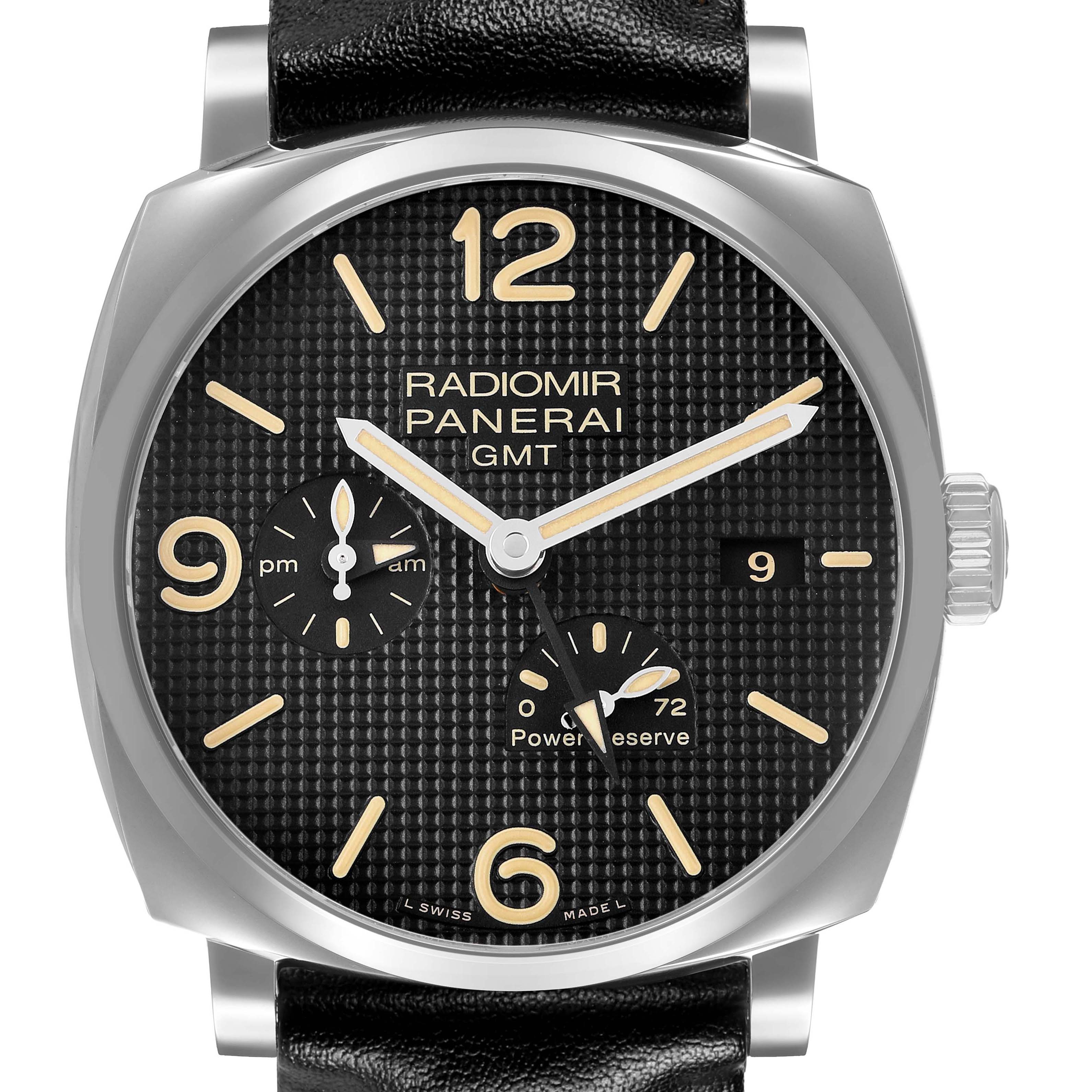 The Panerai Radiomir PAM00628 Men's Stainless Steel Black Dial watch is shown from a front angle, featuring a black textured dial with numerals, subdials, and a power reserve indicator.