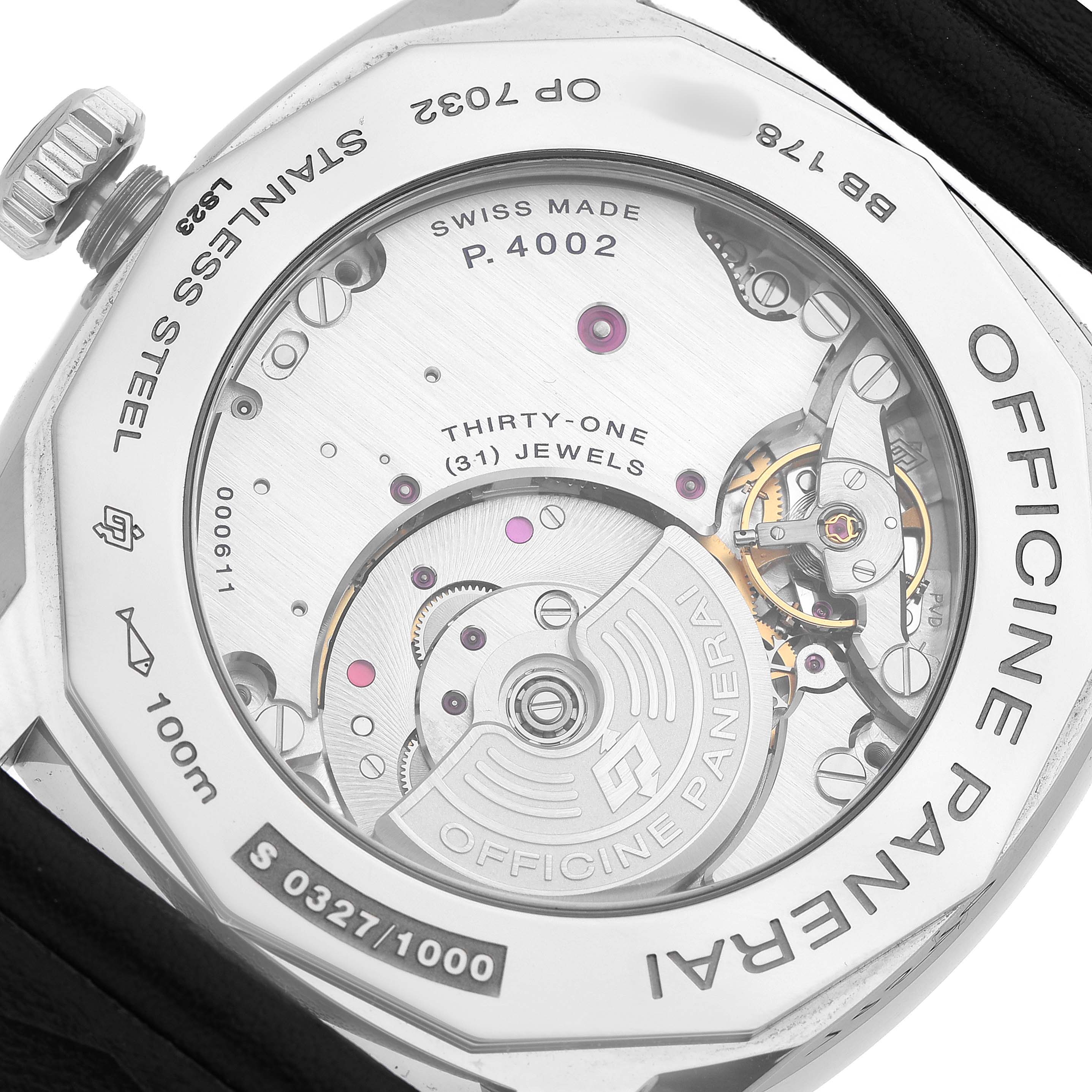 The image shows the back view of a Panerai Radiomir PAM00628 Men's Stainless Steel Black Dial watch, highlighting its movement and case details.