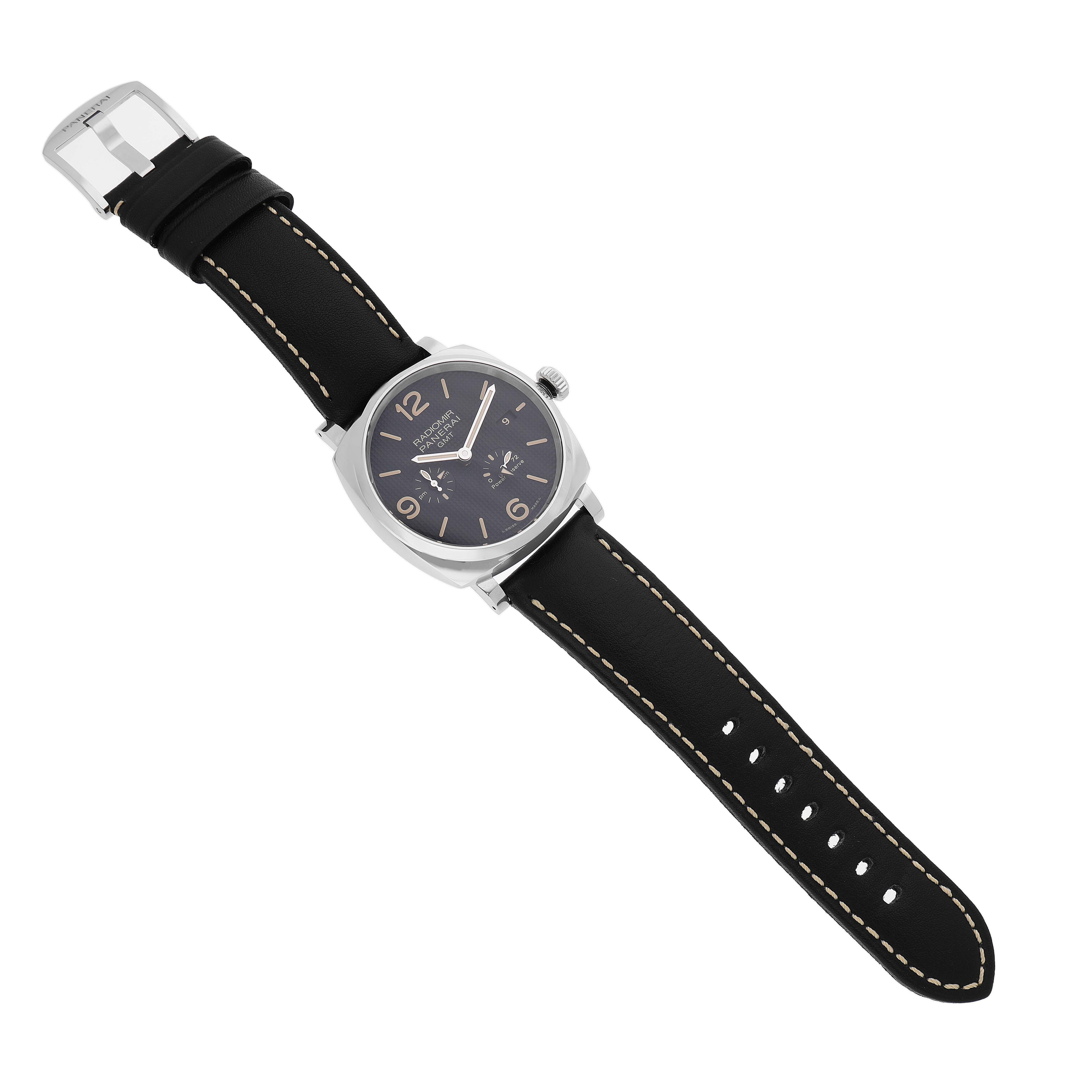 The image shows a Panerai Radiomir PAM00628 Men's Stainless Steel Black Dial watch from an angled top view, highlighting the face and black strap with stitching.