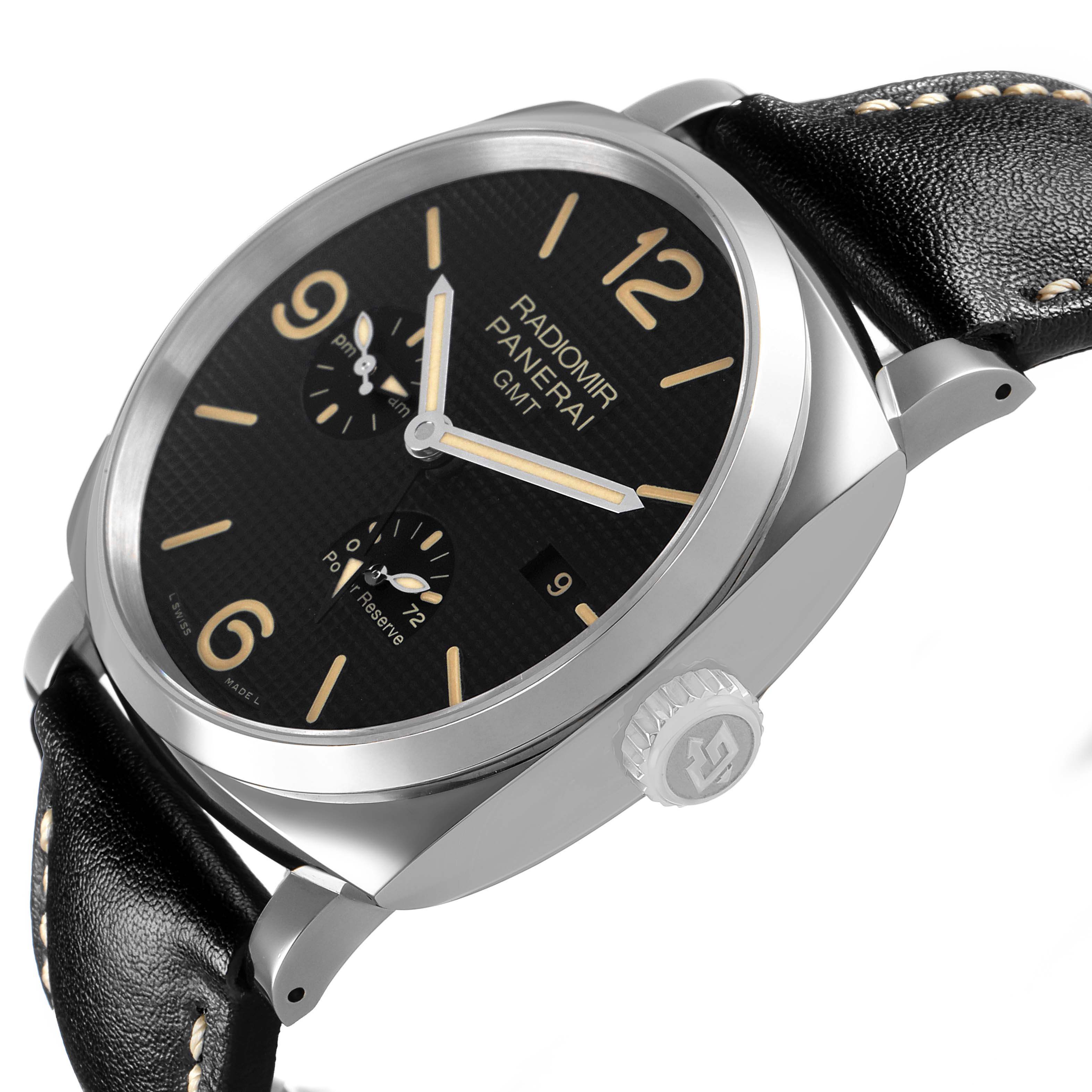 The Panerai Radiomir PAM00628 Men's Stainless Steel Black Dial watch is shown at a side angle, displaying the face, crown, and leather strap.