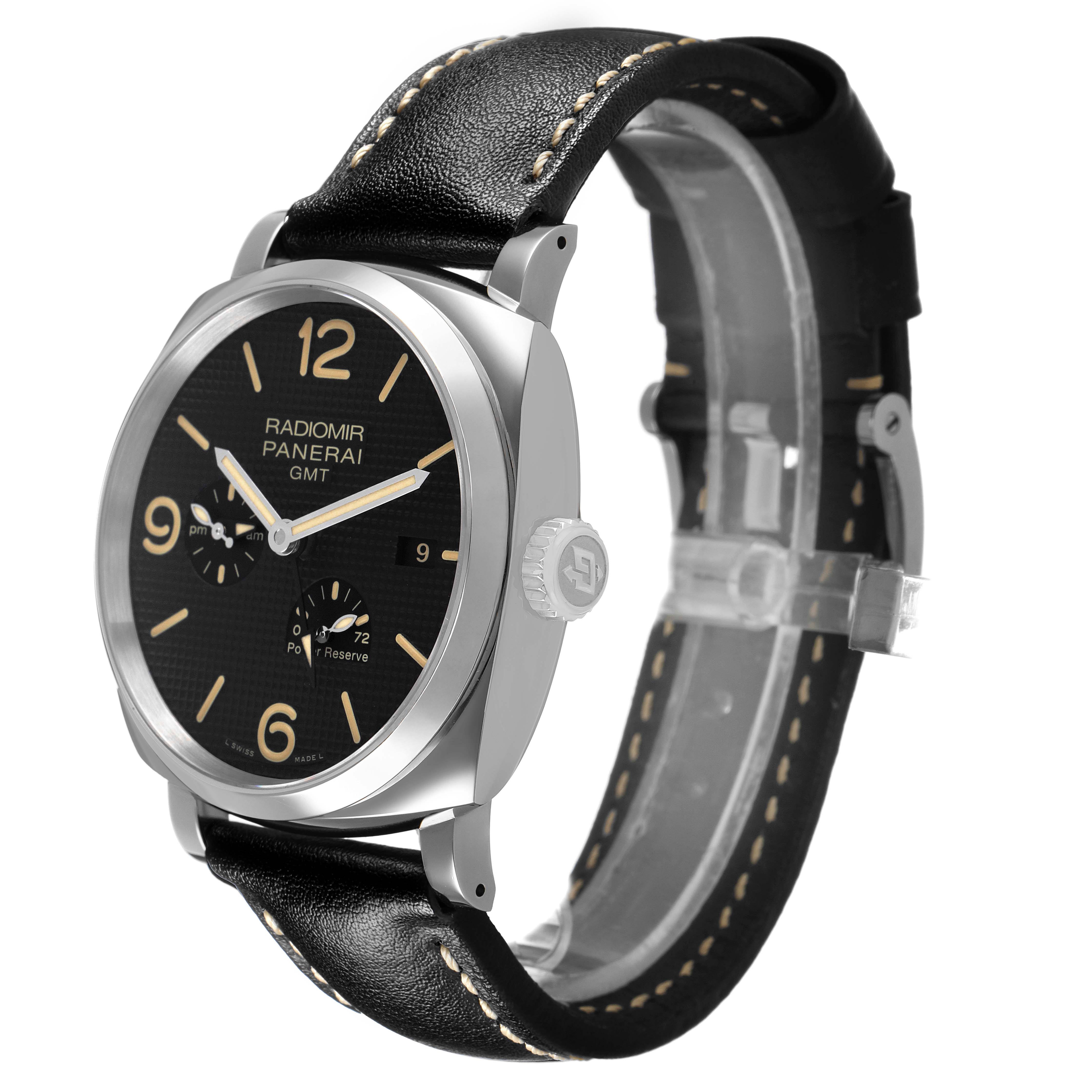 The image shows a Panerai Radiomir PAM00628 Men's Stainless Steel Black Dial watch at a three-quarter angle, highlighting the face, crown, and leather strap.