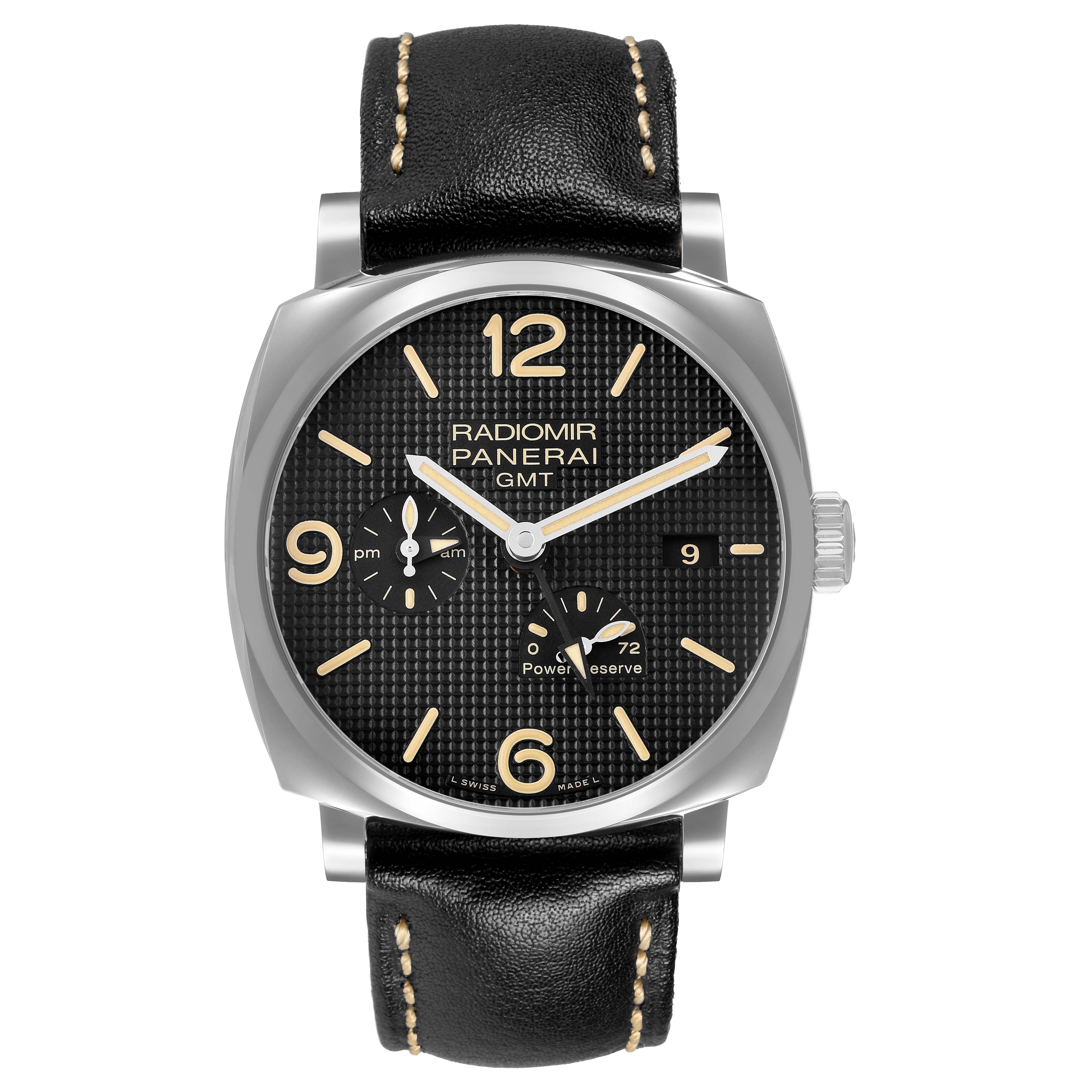 The Radiomir Panerai watch is shown from a front angle, highlighting the dial, hands, and leather strap.