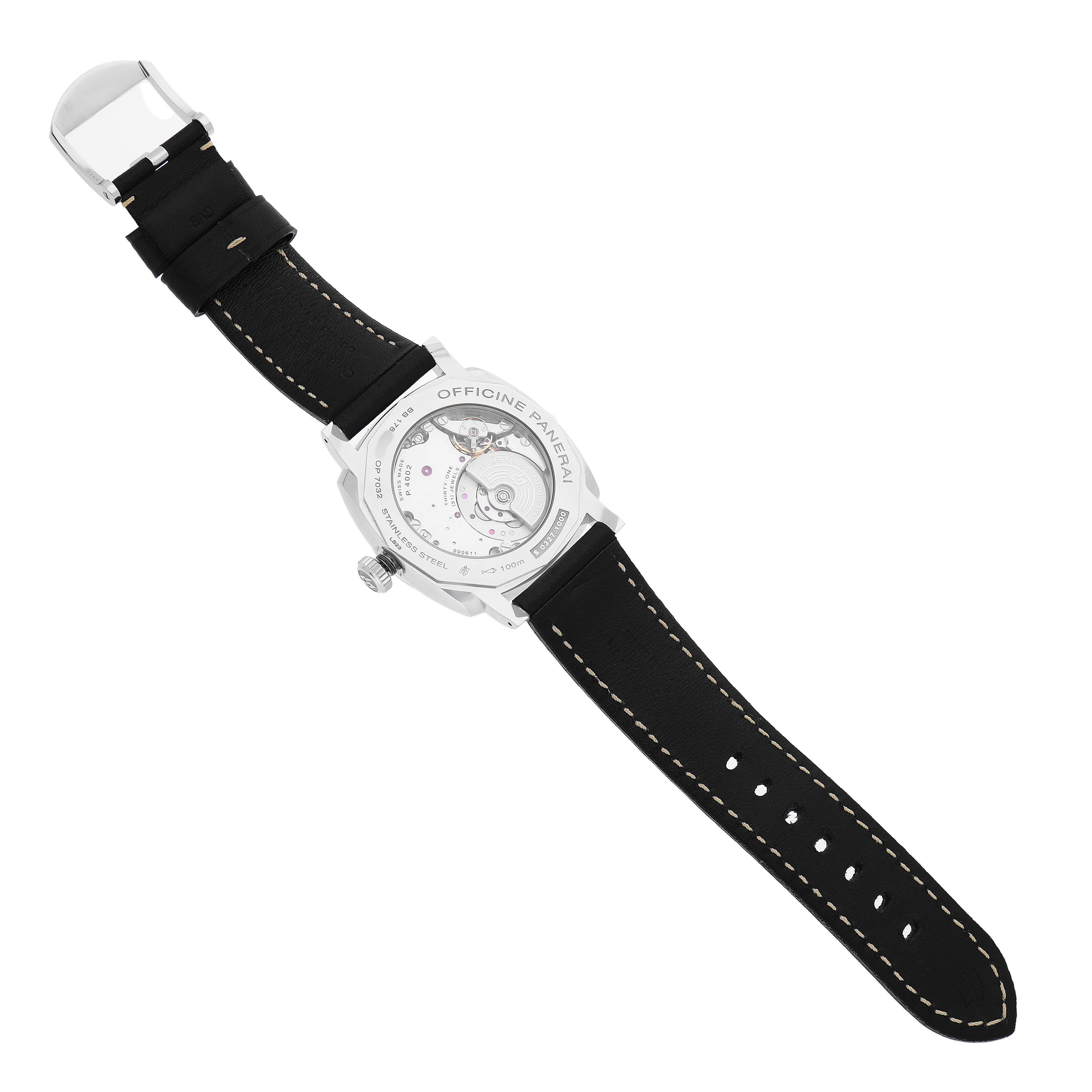 The image shows the backside of the Panerai Radiomir PAM00628 Men's Stainless Steel Black Dial watch, highlighting its movement and strap.