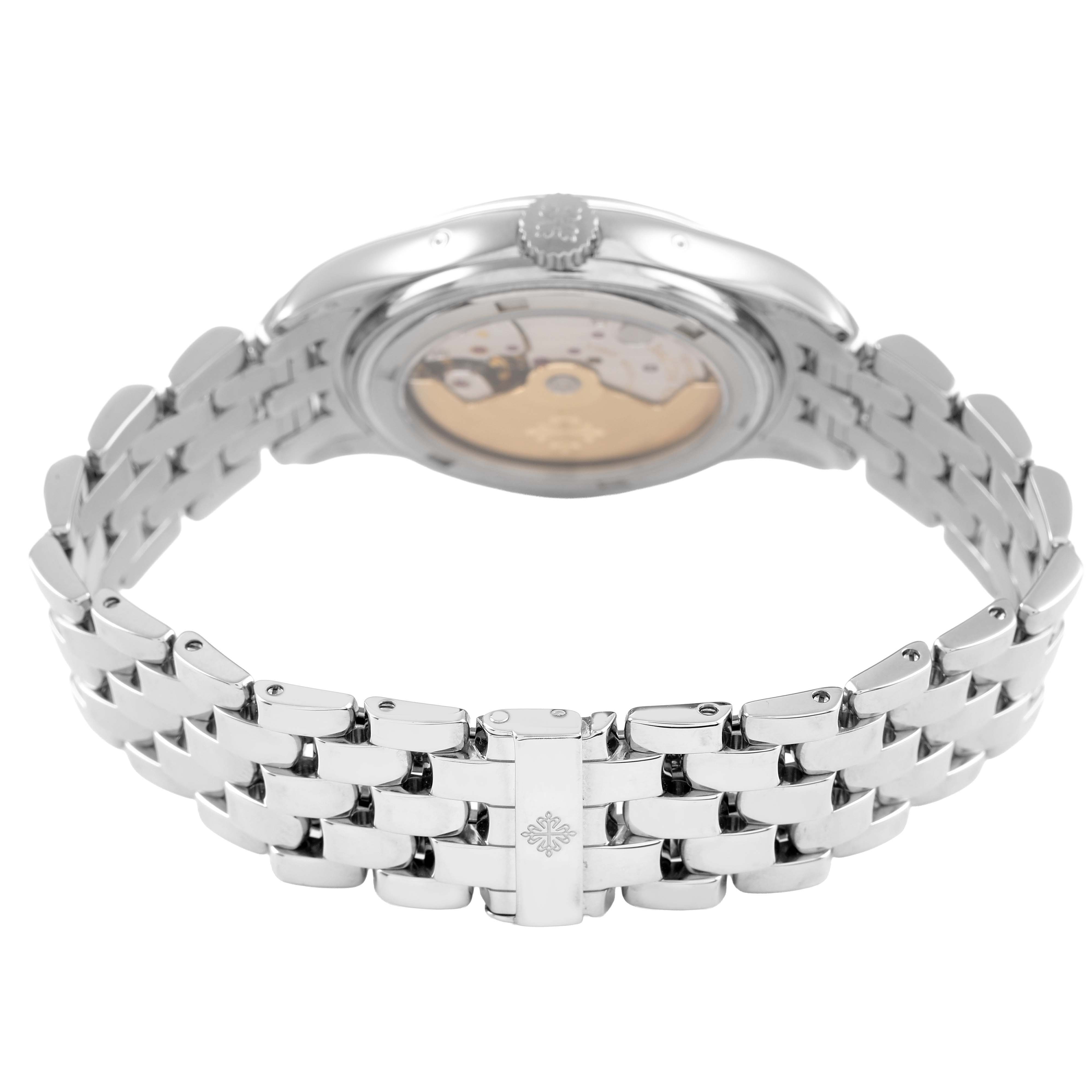 The image shows the back case and bracelet of the Patek Philippe Complications 5036/1G-013 Men's White Gold Silver Dial watch from a rear angle.