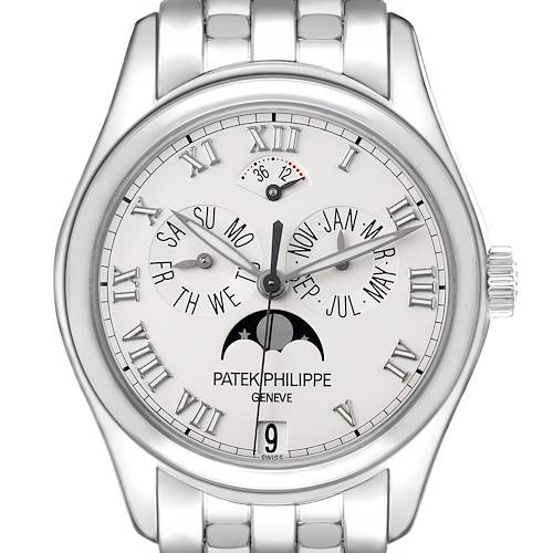 The Patek Philippe Complications 5036/1G-013 Men's White Gold Silver Dial watch is shown from the front, displaying the dial, sub-dials, moon phase, and calendar indicators.