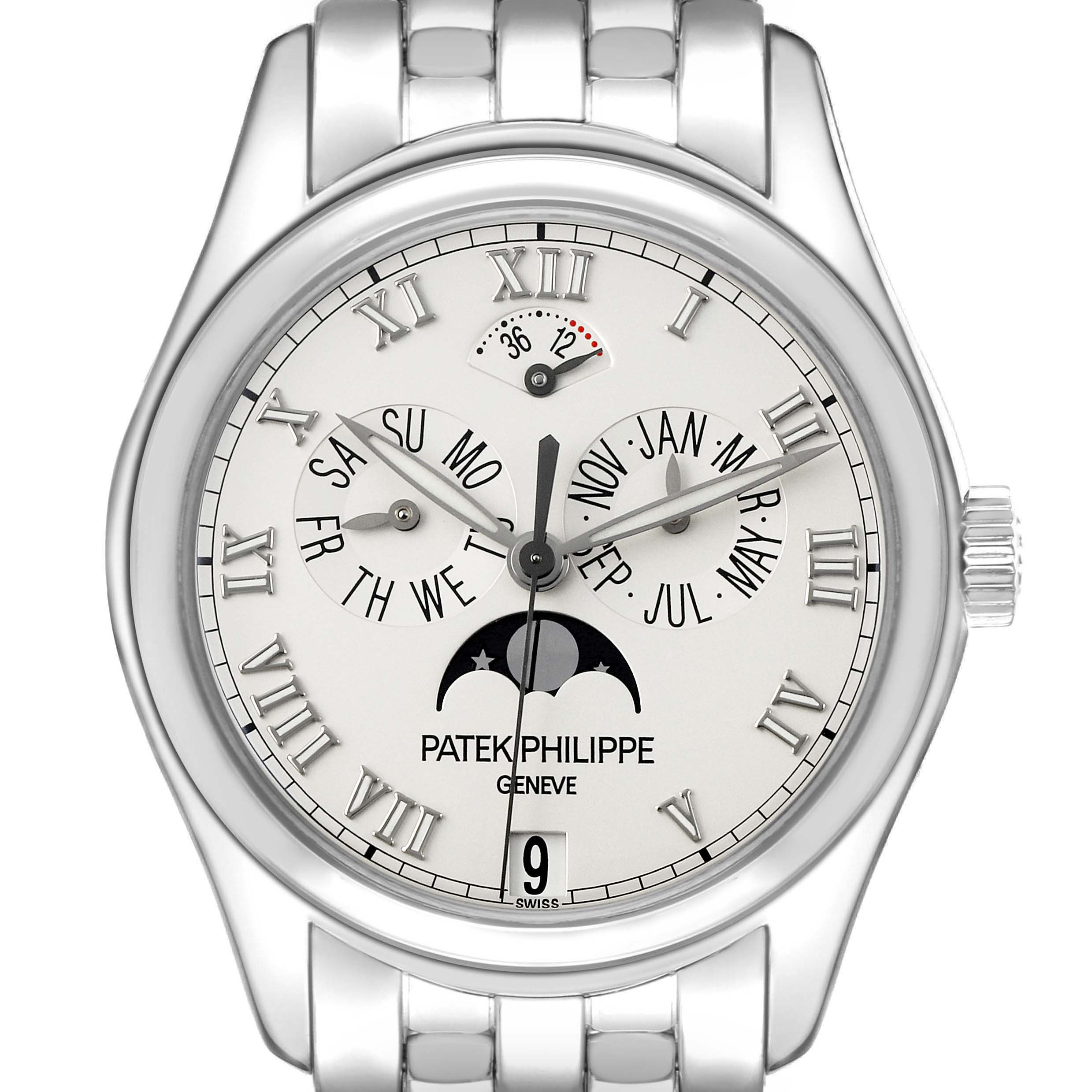 The Patek Philippe Complications 5036/1G-013 Men's White Gold Silver Dial watch is shown front-facing, displaying the dial, hands, month, day, and moon phase indicators.