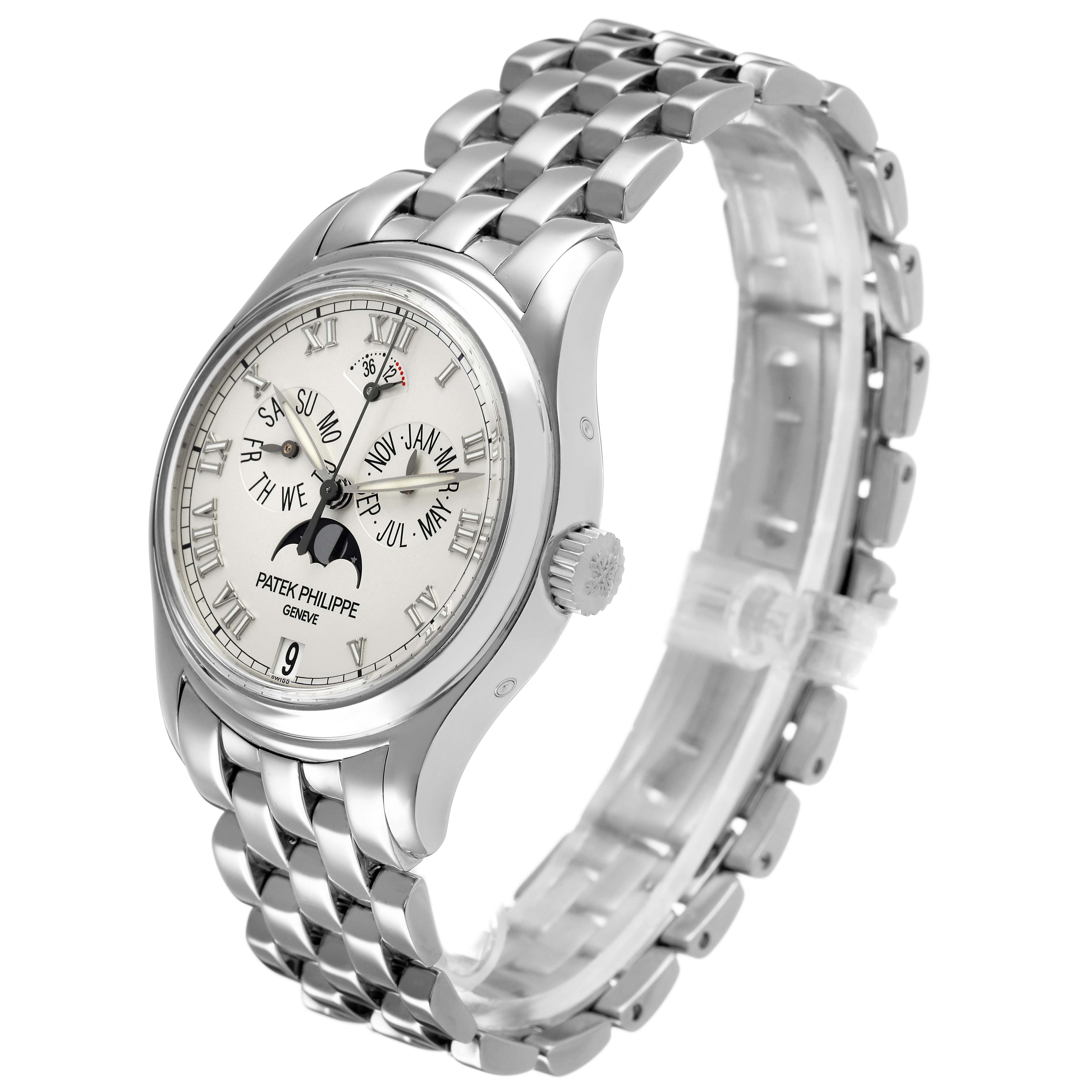 The image shows a Patek Philippe Complications 5036/1G-013 Men's White Gold Silver Dial watch at a three-quarter angle, highlighting the dial, case, and bracelet.