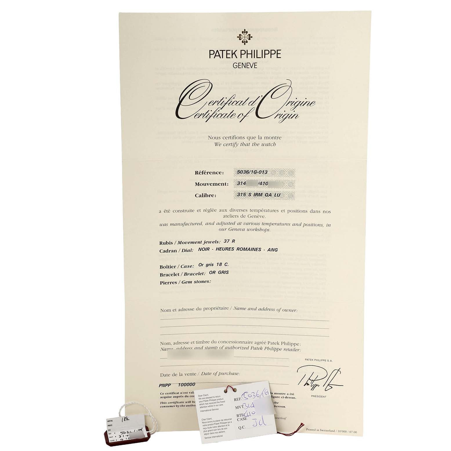 The image shows the certificate of origin for a Patek Philippe Complications 5036/1G-013 Men's White Gold Silver Dial watch model, along with a hang tag and small card.
