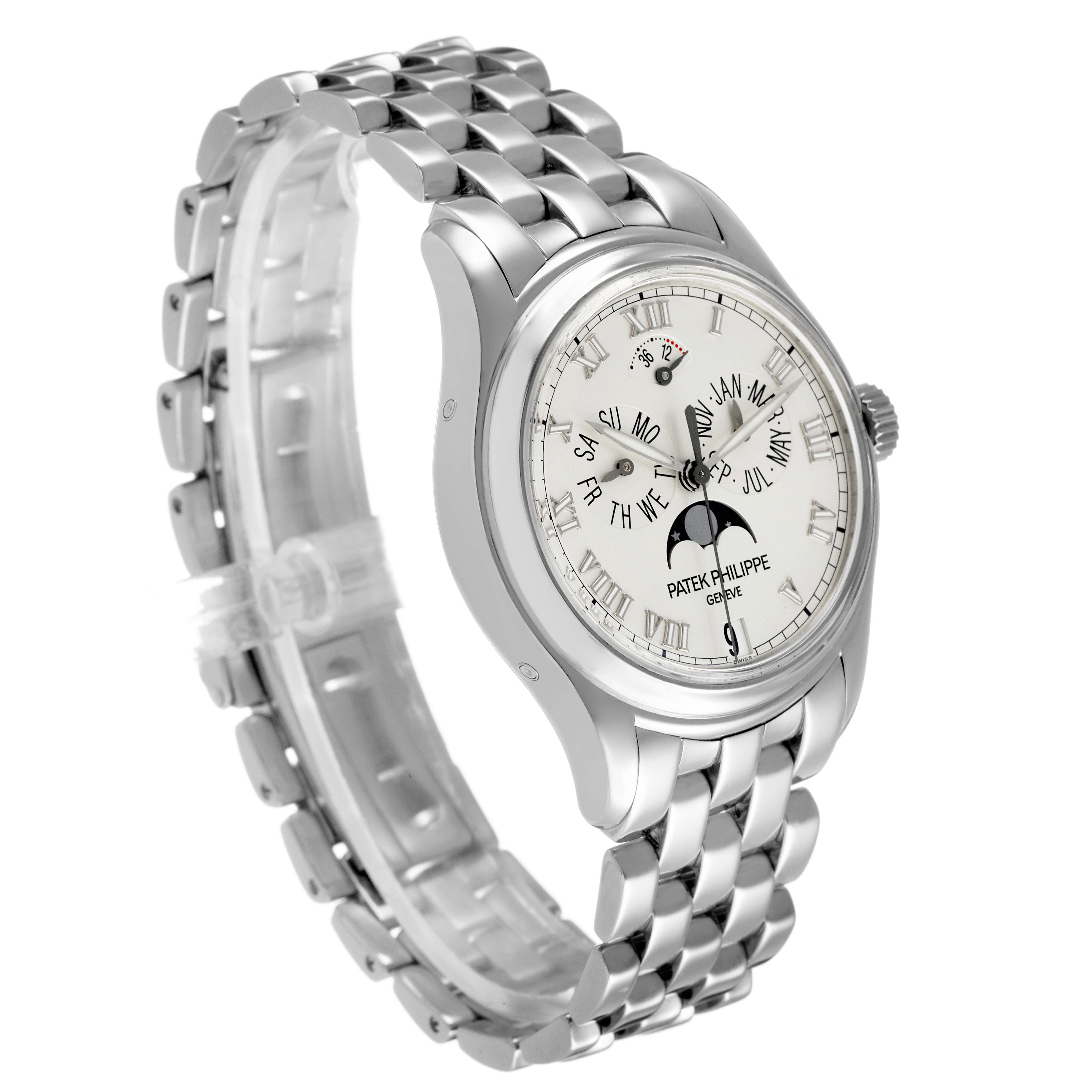 The Patek Philippe Complications 5036/1G-013 Men's White Gold Silver Dial watch is shown at a three-quarter angle highlighting its face, bezel, and metal bracelet.