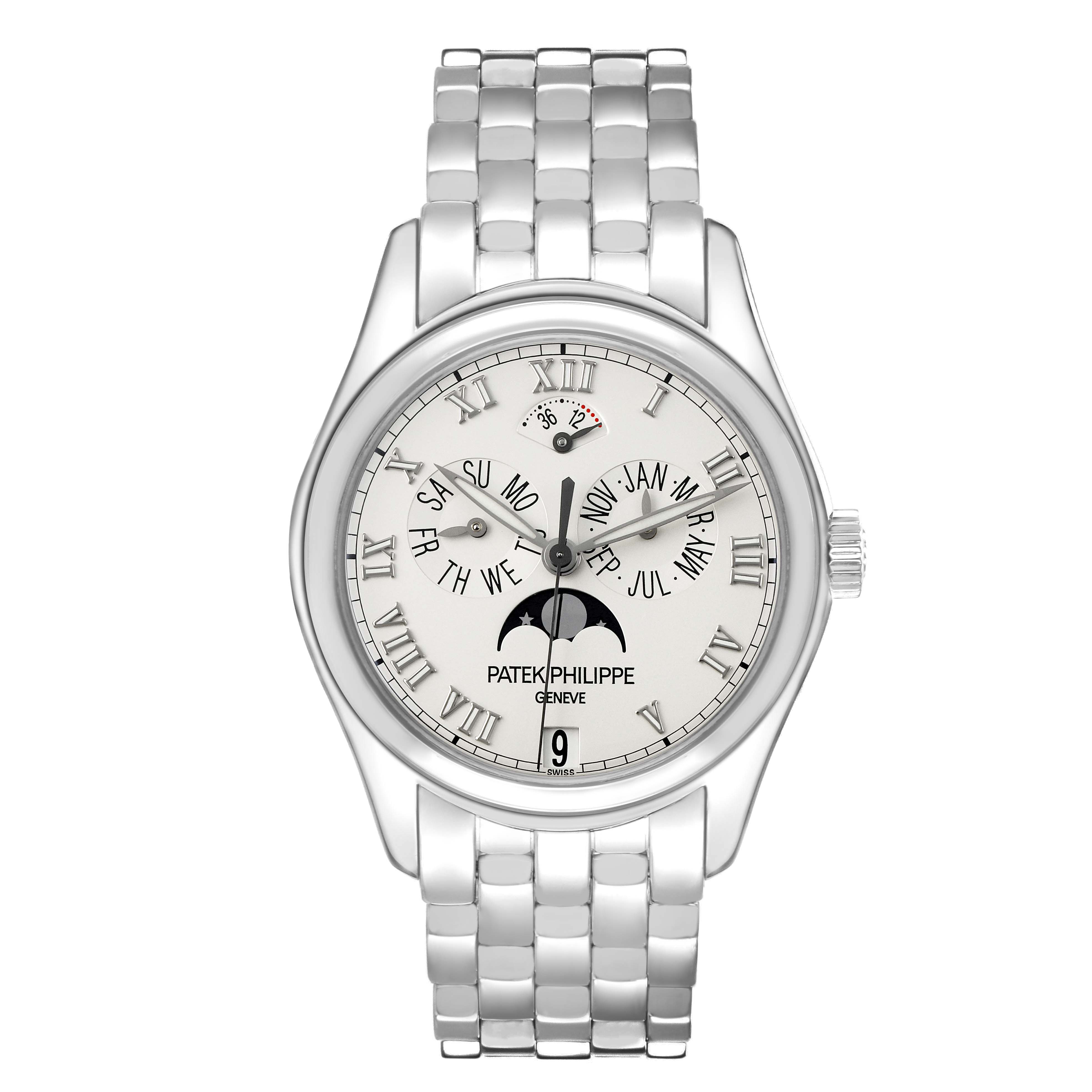 The image shows a front view of a Patek Philippe Complications 5036/1G-013 Men's White Gold Silver Dial watch, displaying the face, bracelet, and various dials.