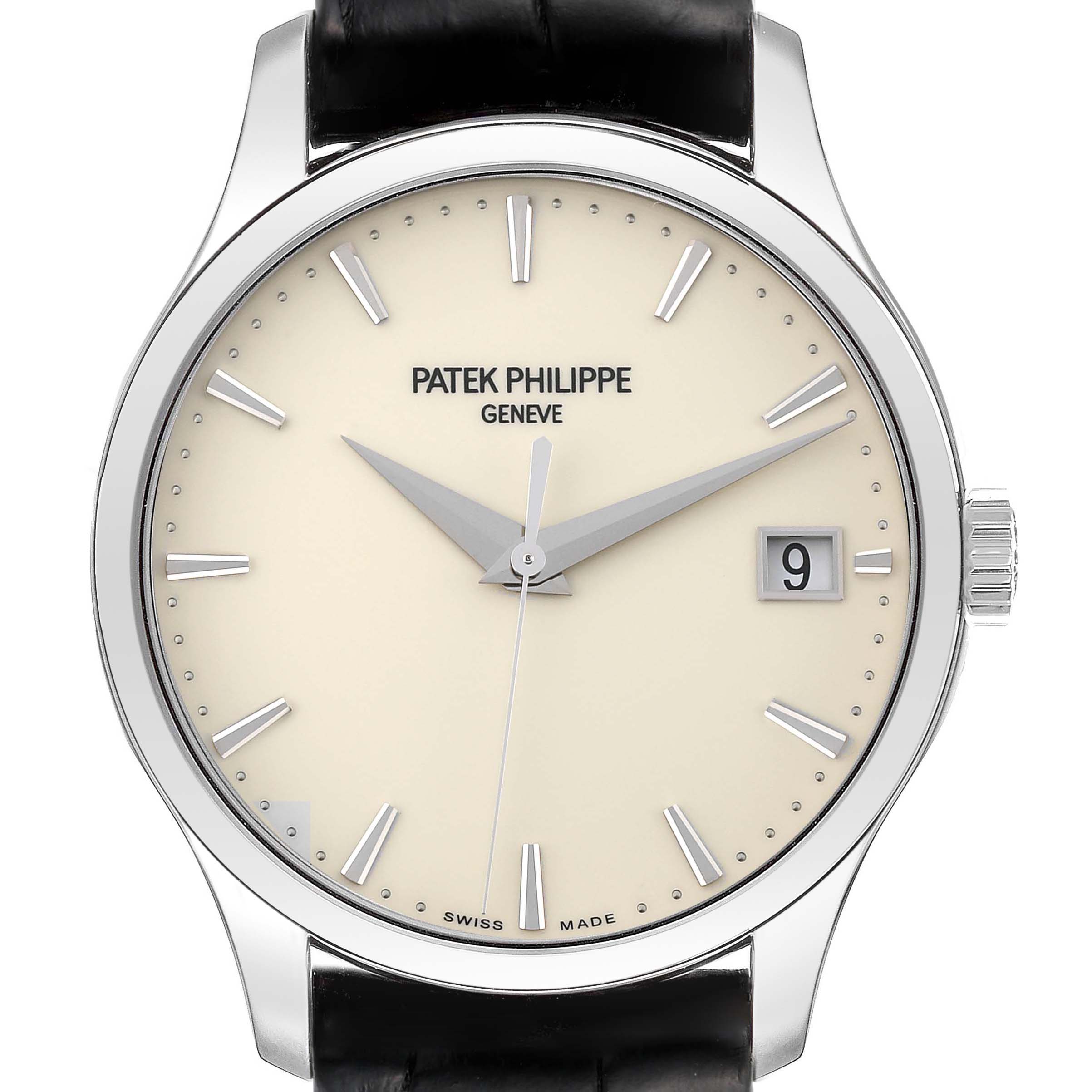 The image shows a front view of the Calatrava model by Patek Philippe, highlighting the dial, hands, and date window.
