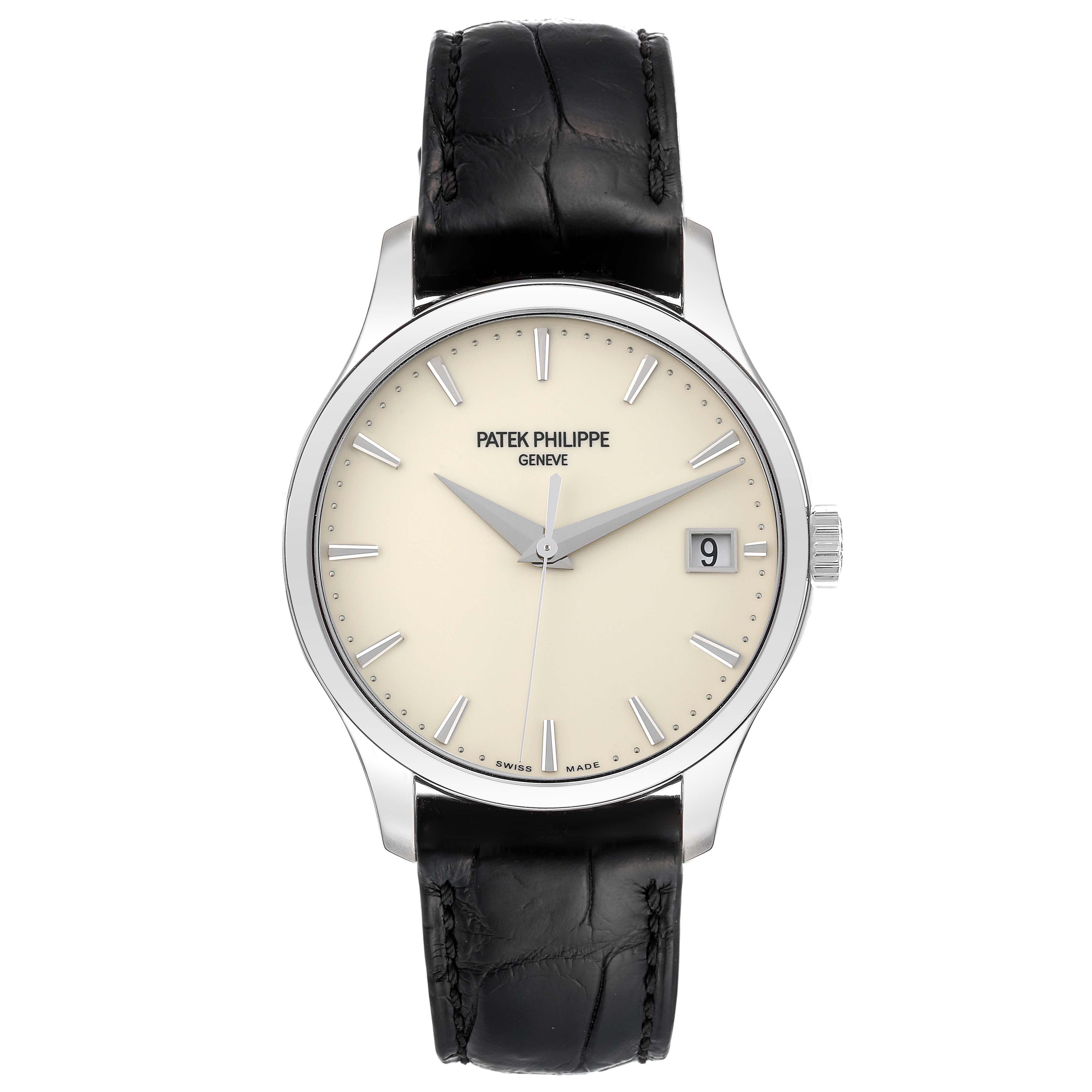 The image shows a front view of a Patek Philippe Calatrava 5227G-001 Men's White Gold Beige Dial 5227G-001 Men's White Gold Beige Dial watch with a black leather strap and a cream dial.