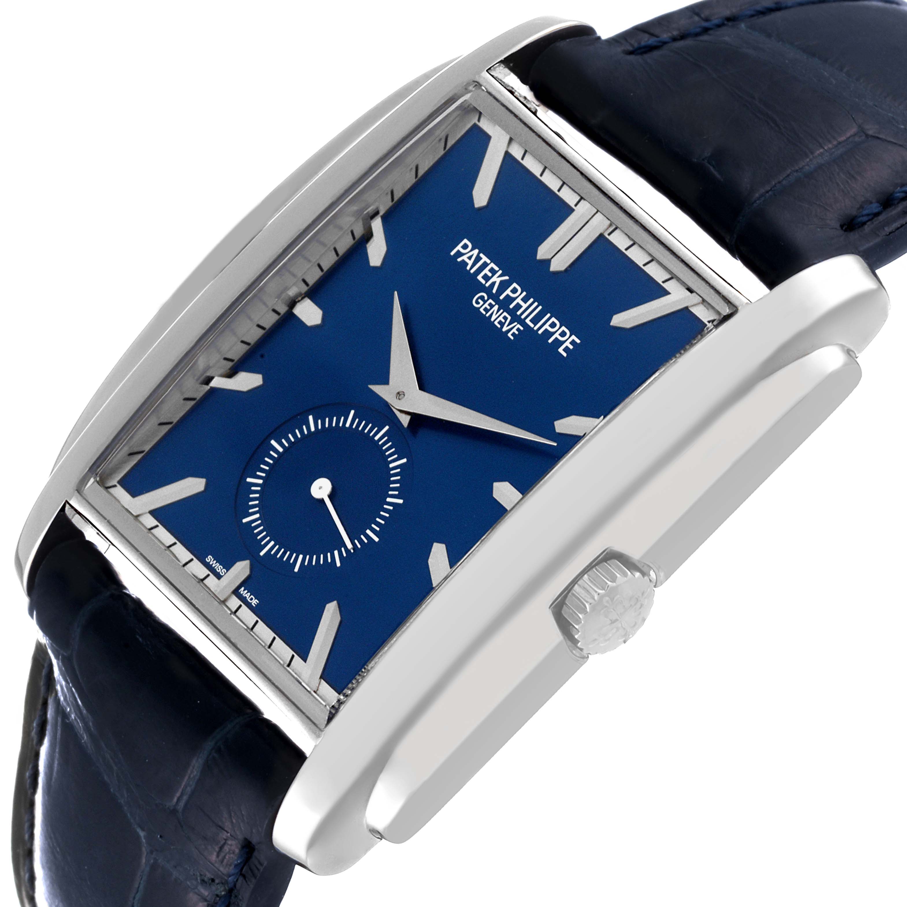 The image shows a side angle of the Patek Philippe Gondolo 5124G Men's White Gold Blue Dial 5124G Men's White Gold Blue Dial watch, highlighting its blue dial and crown.