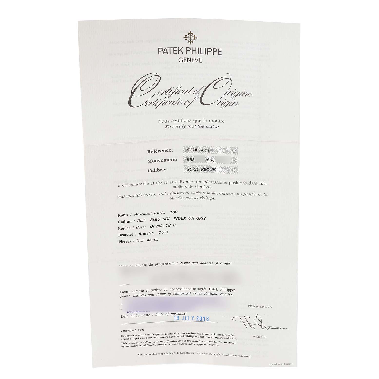 The image shows the Certificate of Origin for the Patek Philippe Gondolo 5124G Men's White Gold Blue Dial 5124G Men's White Gold Blue Dial watch model.