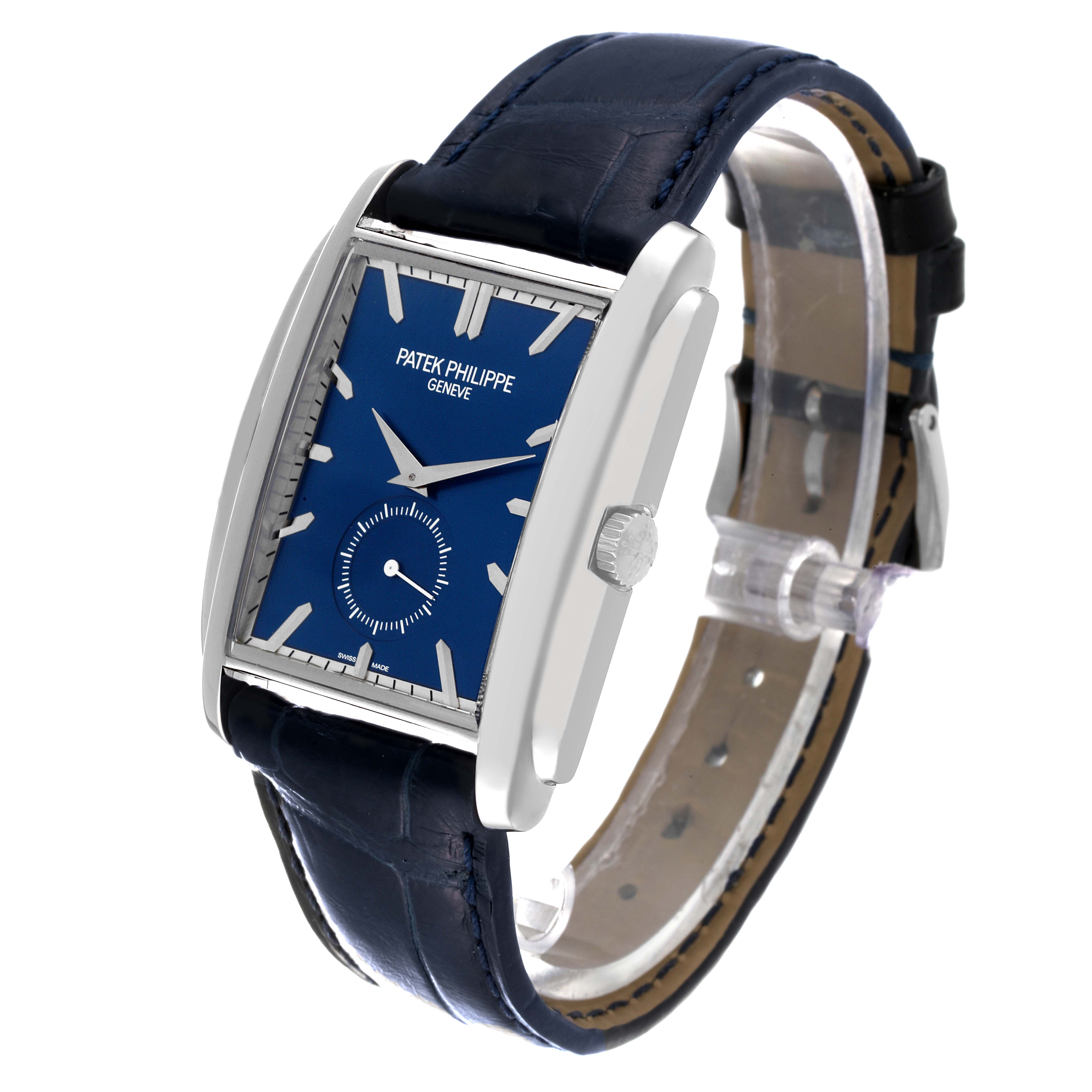 The image shows a Patek Philippe Gondolo 5124G Men's White Gold Blue Dial 5124G Men's White Gold Blue Dial watch at a three-quarter front angle, highlighting its blue dial and black leather strap.