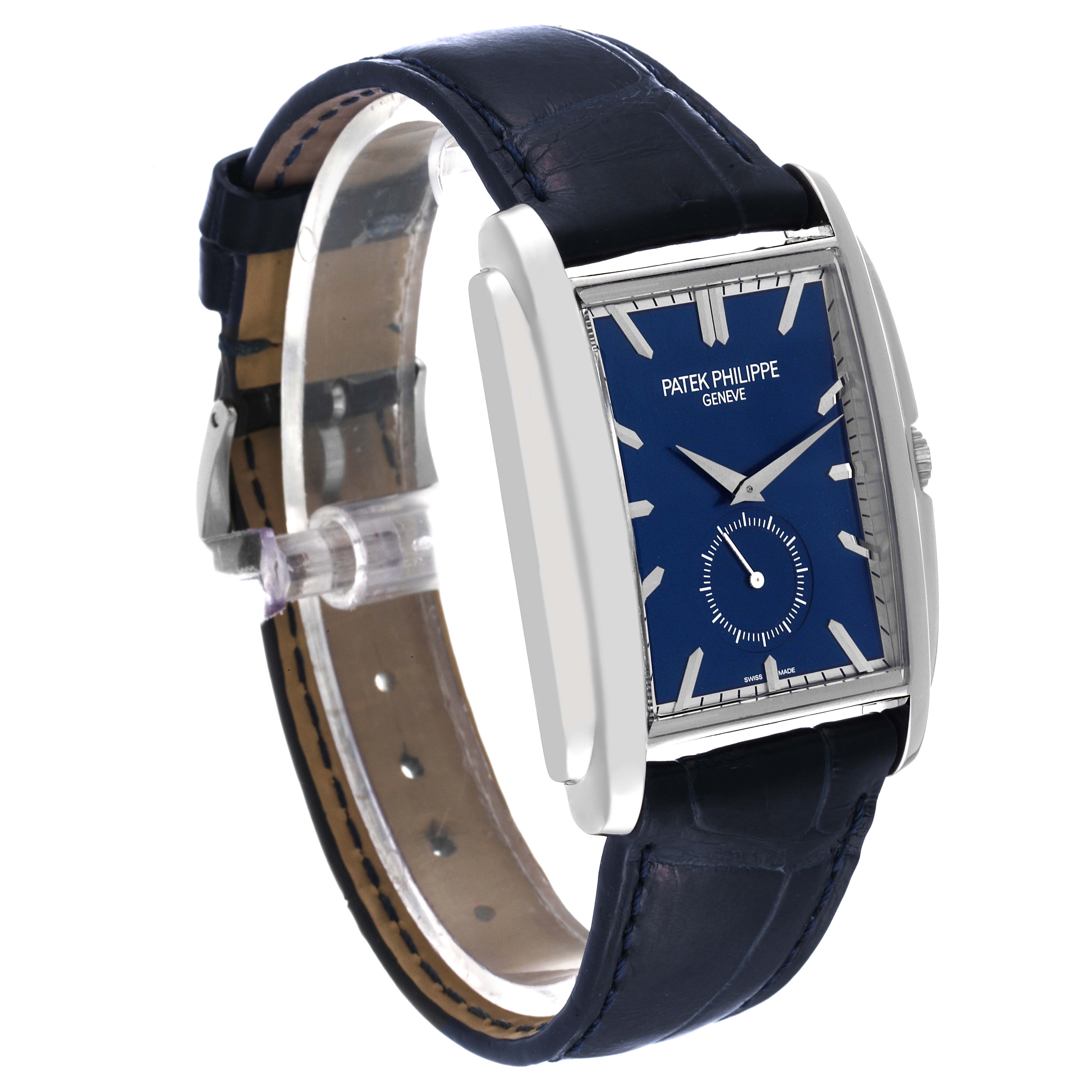 The image shows a front-side angle of the Patek Philippe Gondolo 5124G Men's White Gold Blue Dial 5124G Men's White Gold Blue Dial watch with a blue dial and leather strap.