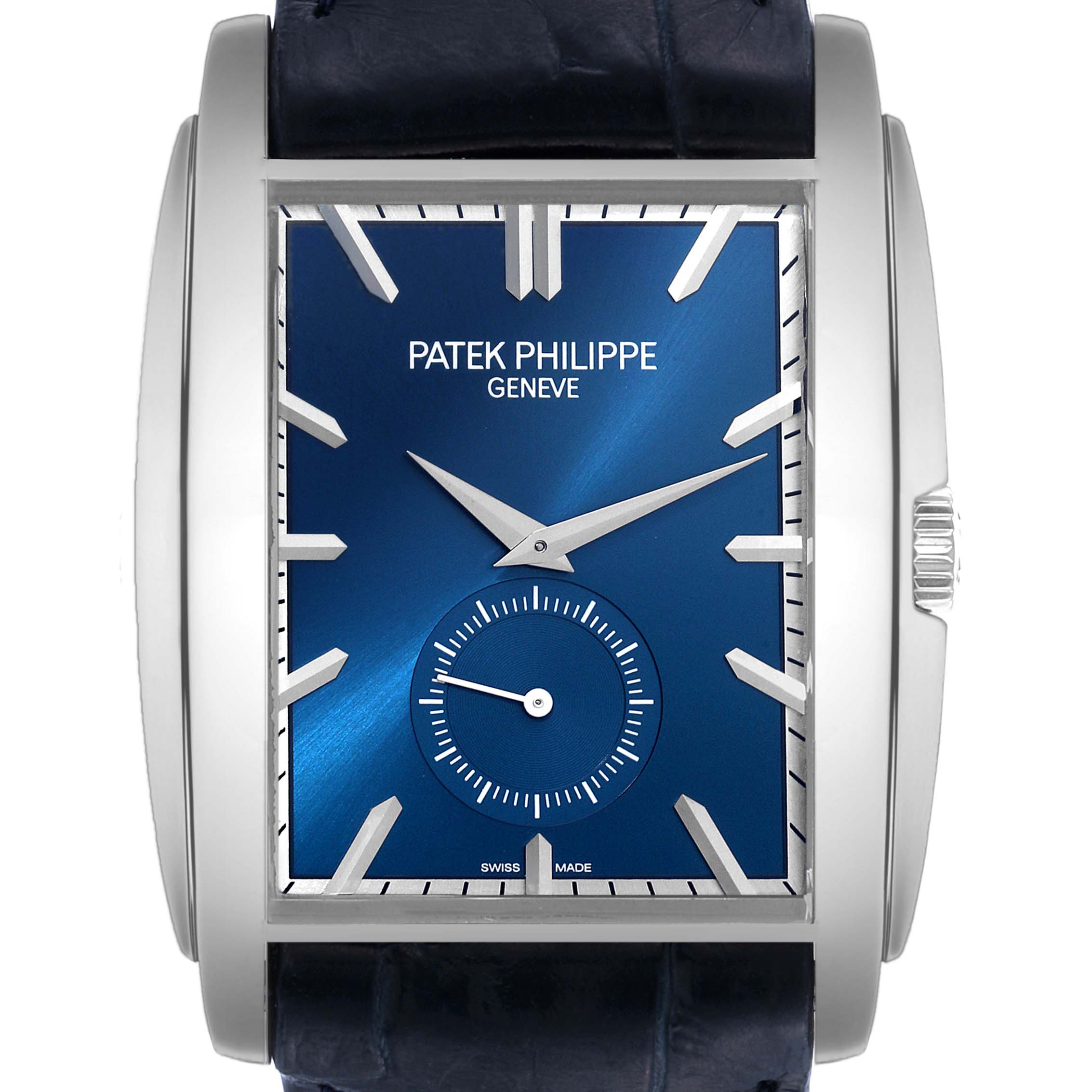 The image shows a close-up, front view of a Patek Philippe Gondolo 5124G Men's White Gold Blue Dial 5124G Men's White Gold Blue Dial watch, displaying its blue dial, hands, indices, and part of the strap.