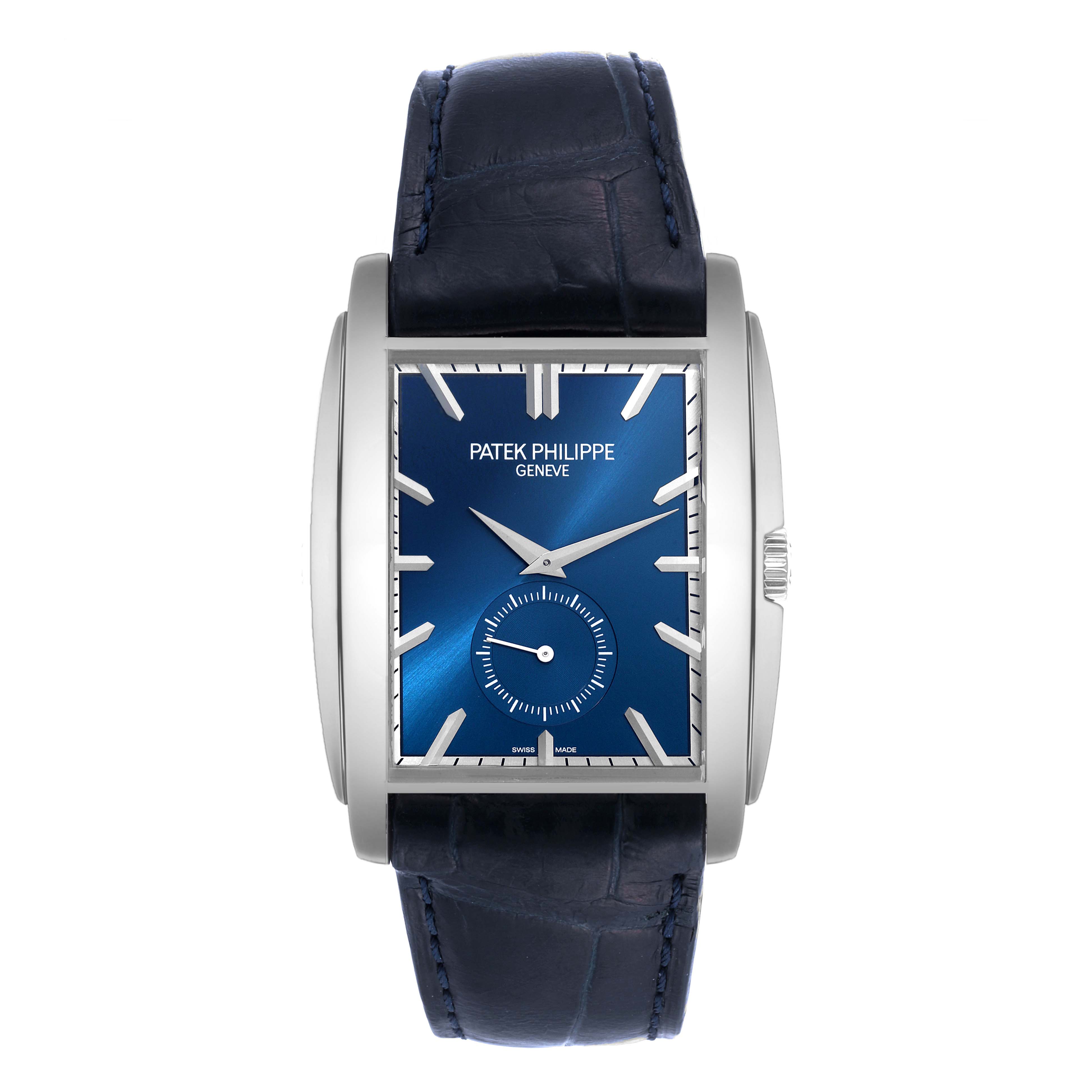 This image depicts a front view of the Patek Philippe Gondolo 5124G Men's White Gold Blue Dial 5124G Men's White Gold Blue Dial watch, showcasing its blue dial and dark strap.