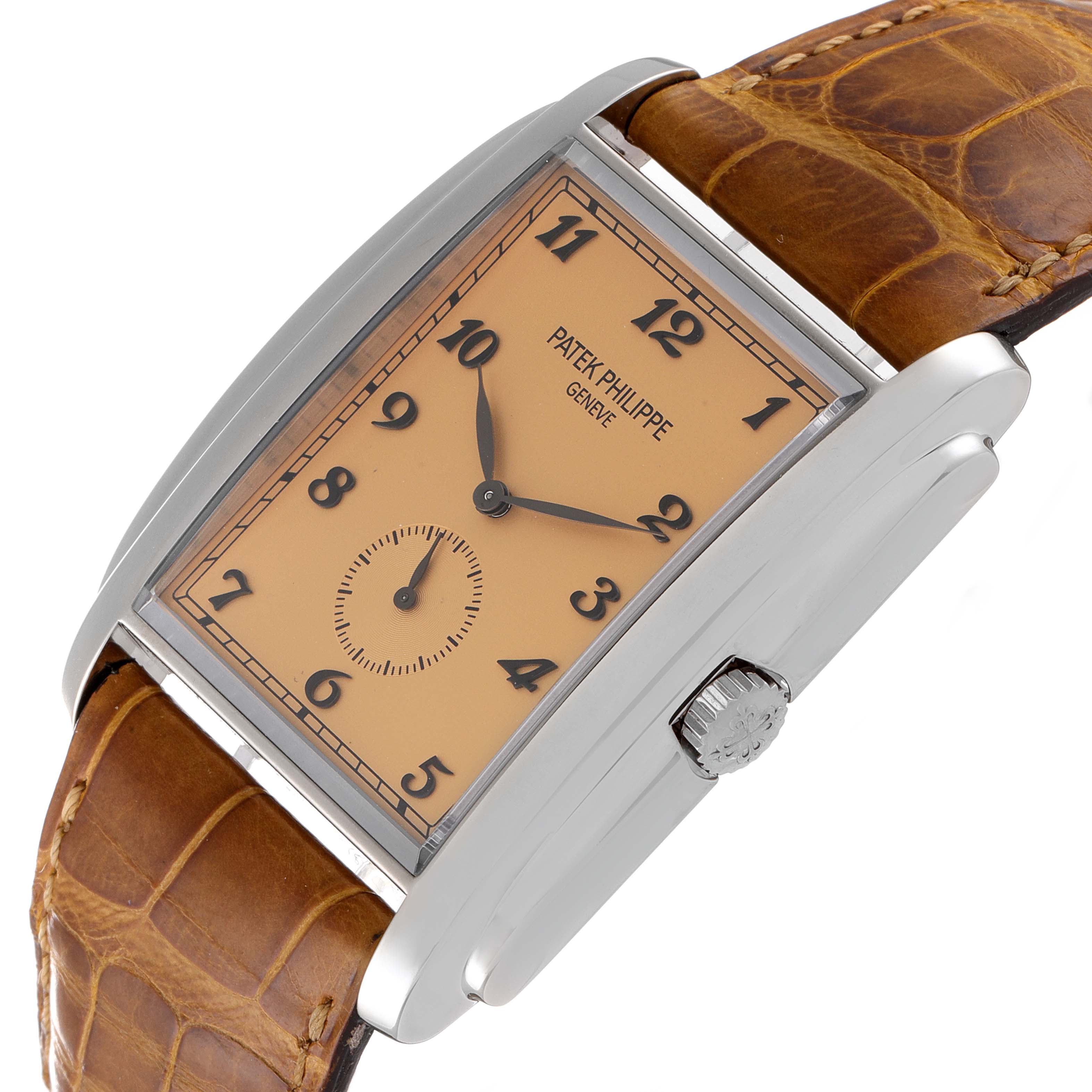 The image shows the Patek Philippe Gondolo 5124G-001 Men's White Gold Pink Dial 5124G-001 Men's White Gold Pink Dial watch from a three-quarter angle, highlighting its dial, case, crown, and leather strap.