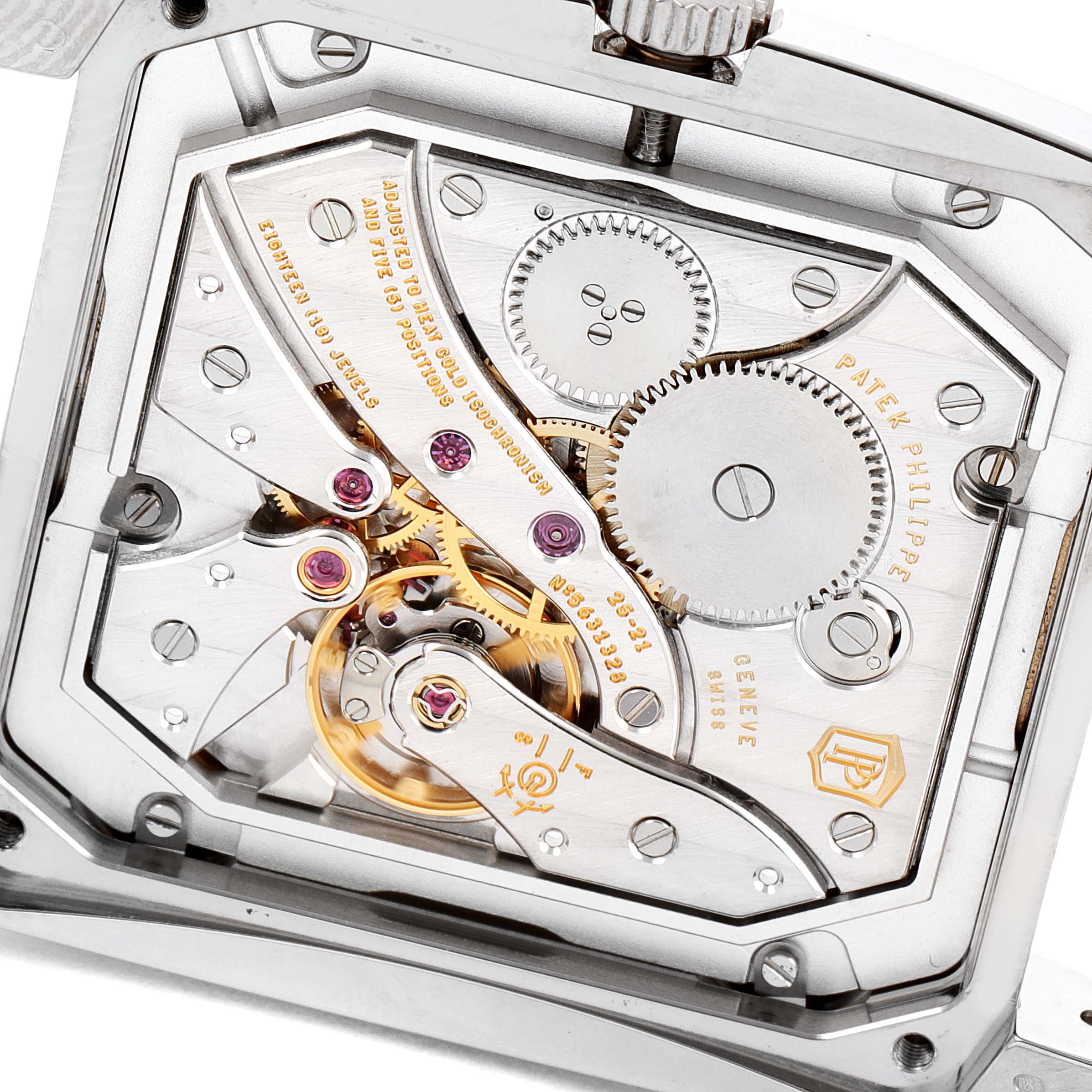 This image shows the back view of the Patek Philippe Gondolo 5124G-001 Men's White Gold Pink Dial 5124G-001 Men's White Gold Pink Dial watch, focusing on its intricate mechanical movement.