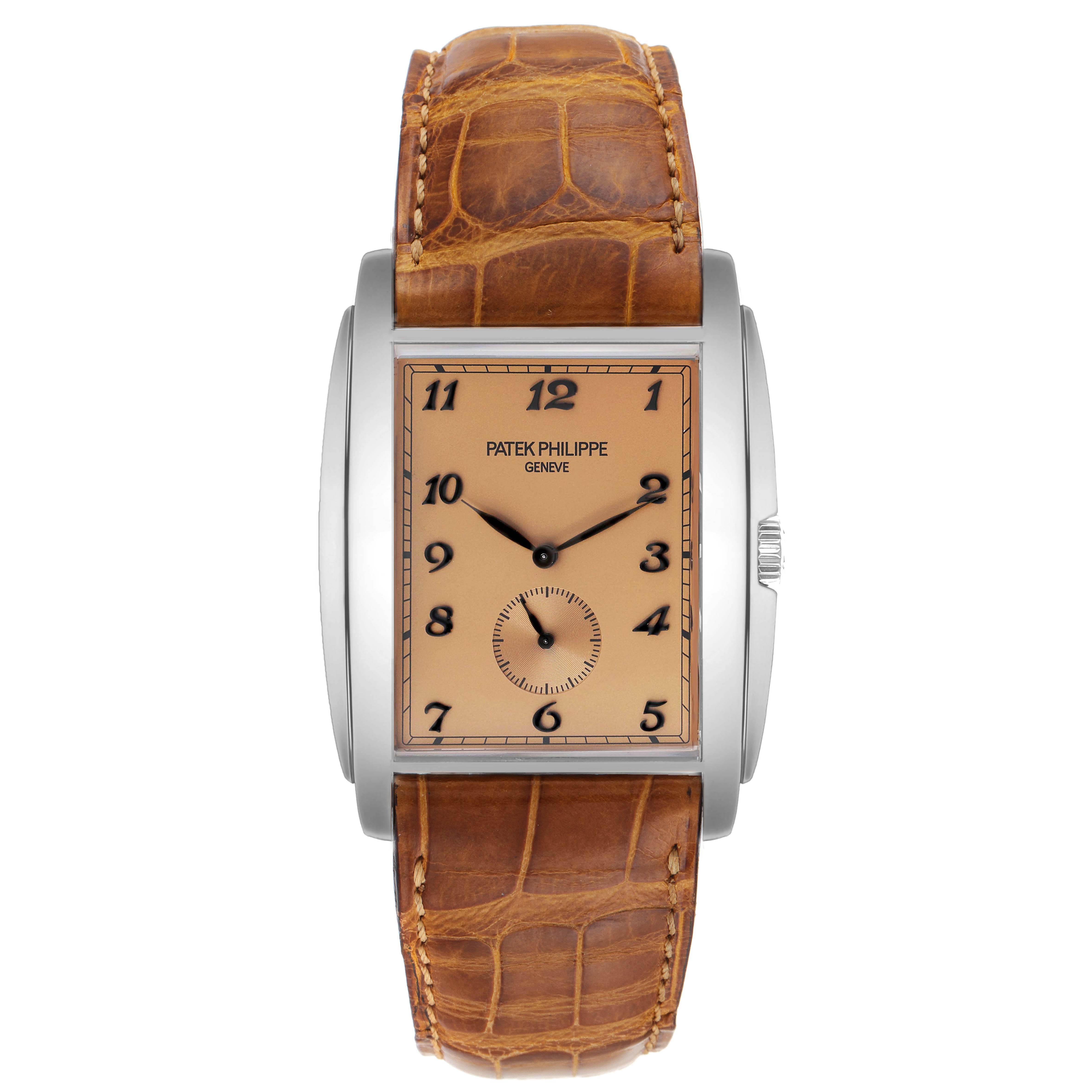 This image shows a front view of the Patek Philippe Gondolo 5124G-001 Men's White Gold Pink Dial 5124G-001 Men's White Gold Pink Dial watch with a brown leather strap.