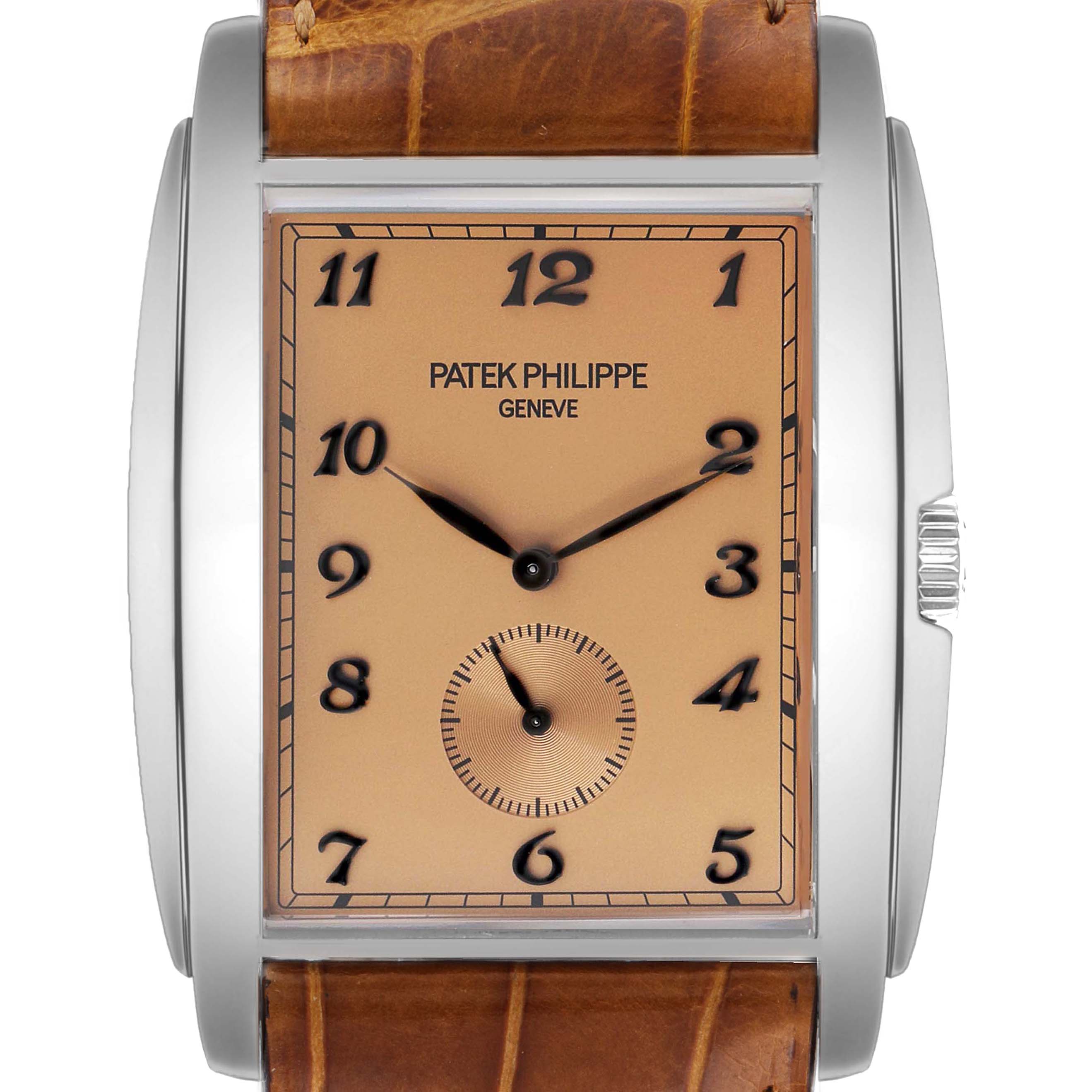 This image shows a frontal view of the Patek Philippe Gondolo 5124G-001 Men's White Gold Pink Dial 5124G-001 Men's White Gold Pink Dial watch, featuring its dial, hands, case, and part of the leather strap.