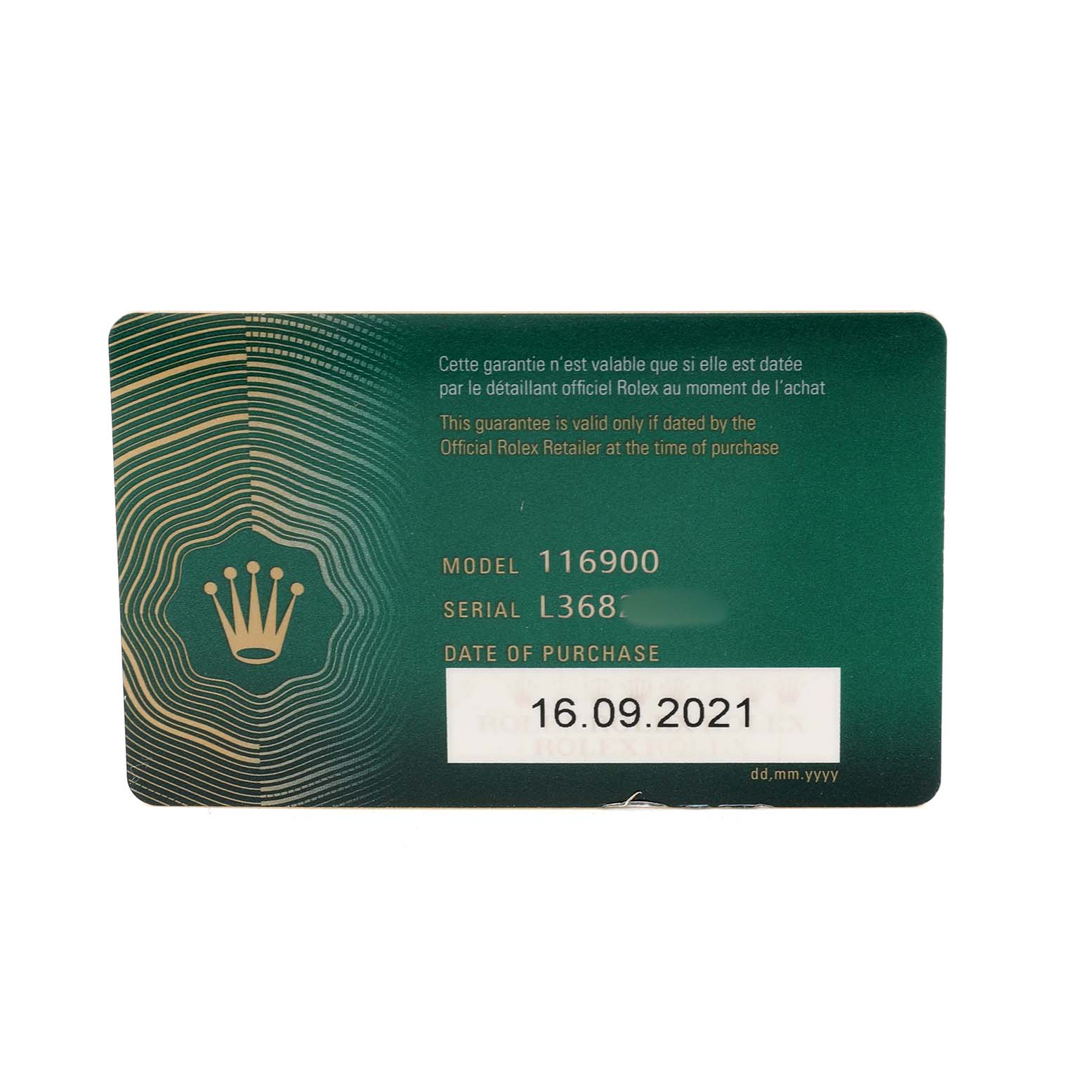 The image shows a Rolex Air-King 116900 Men's Stainless Steel Black Dial guarantee card with model and serial numbers visible.