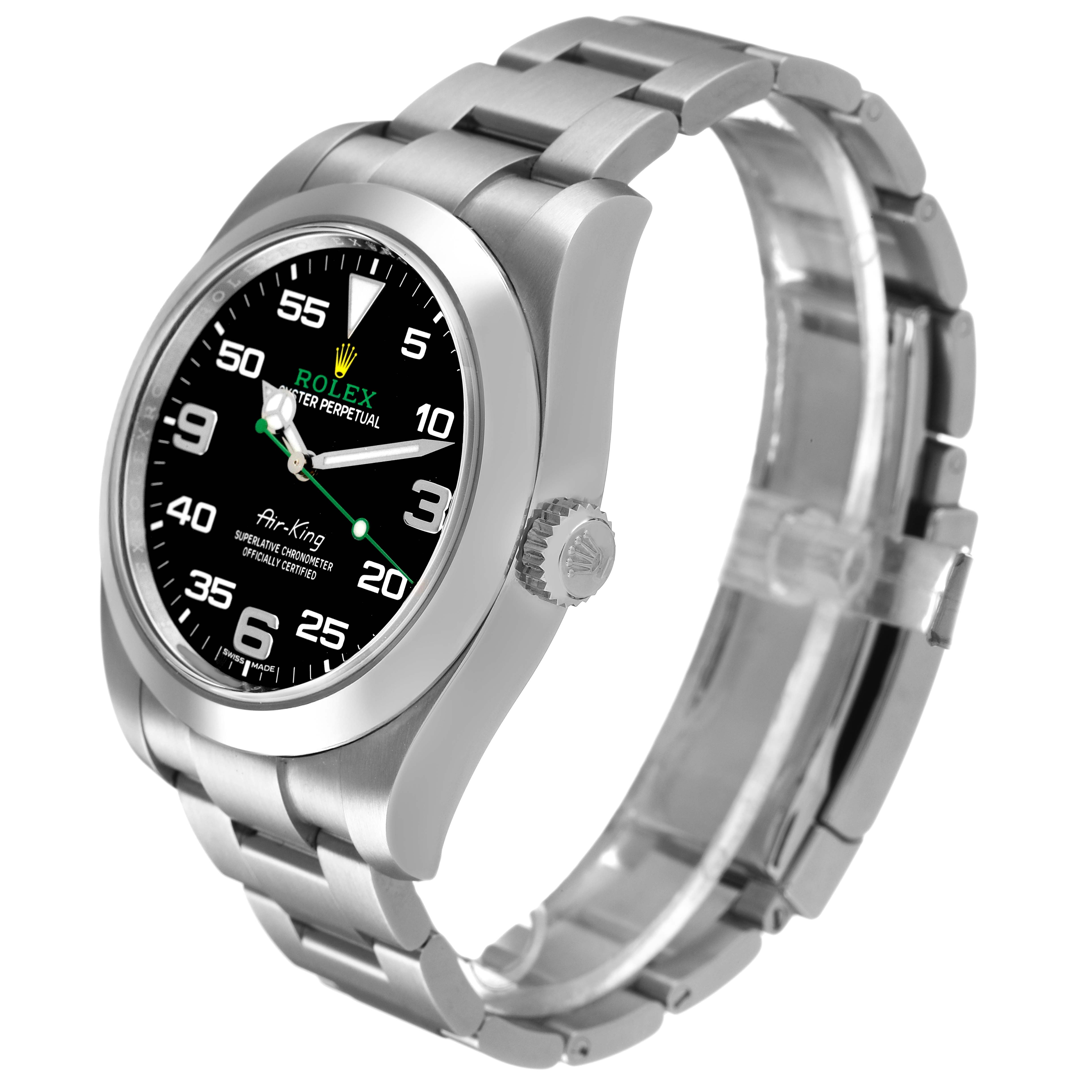 The image shows a Rolex Air-King 116900 Men's Stainless Steel Black Dial watch at a three-quarter angle, highlighting the case, bracelet, and crown.