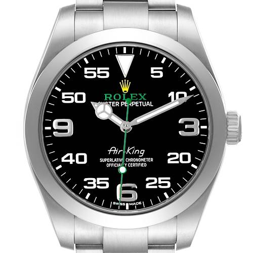 The Rolex Air-King 116900 Men's Stainless Steel Black Dial watch is shown front-facing, displaying its full dial, bezel, and crown.