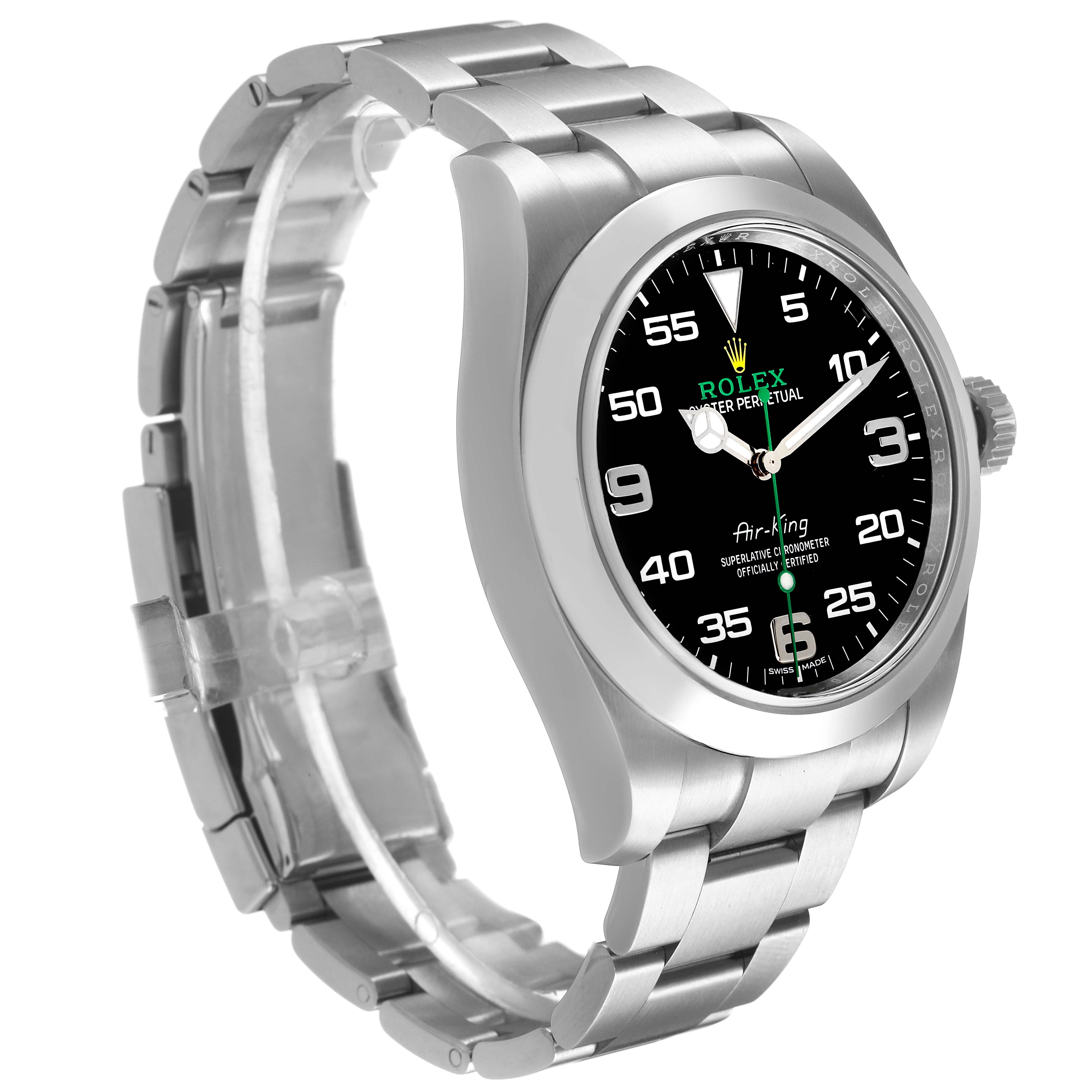 The Rolex Air-King 116900 Men's Stainless Steel Black Dial watch is shown at a three-quarter angle, displaying its face, case, and bracelet.