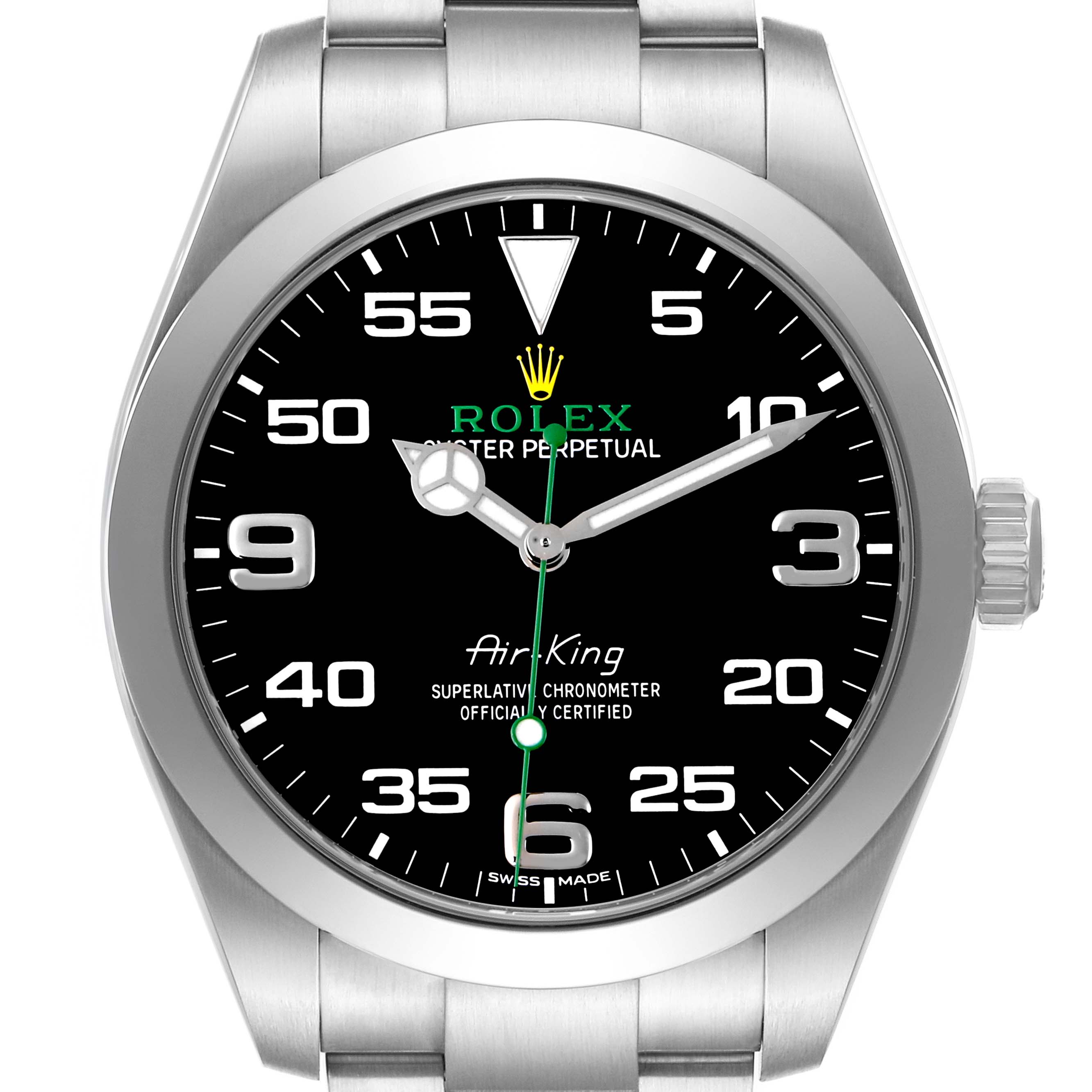 The image shows a front view of the Rolex Air-King 116900 Men's Stainless Steel Black Dial, displaying its dial, bezel, and part of the bracelet.