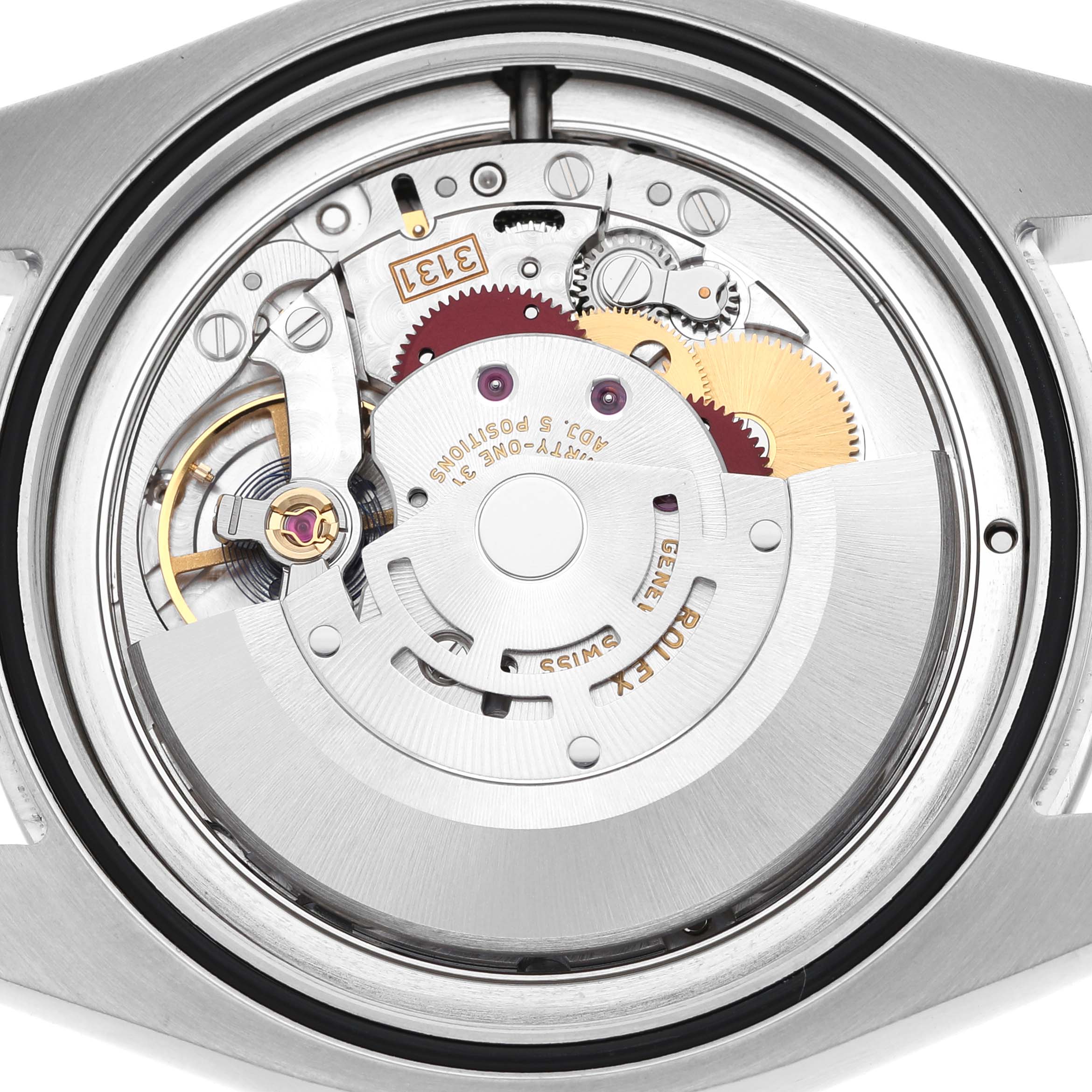 The image shows the back view of a Rolex Air-King 116900 Men's Stainless Steel Black Dial, highlighting its internal mechanism and gears.