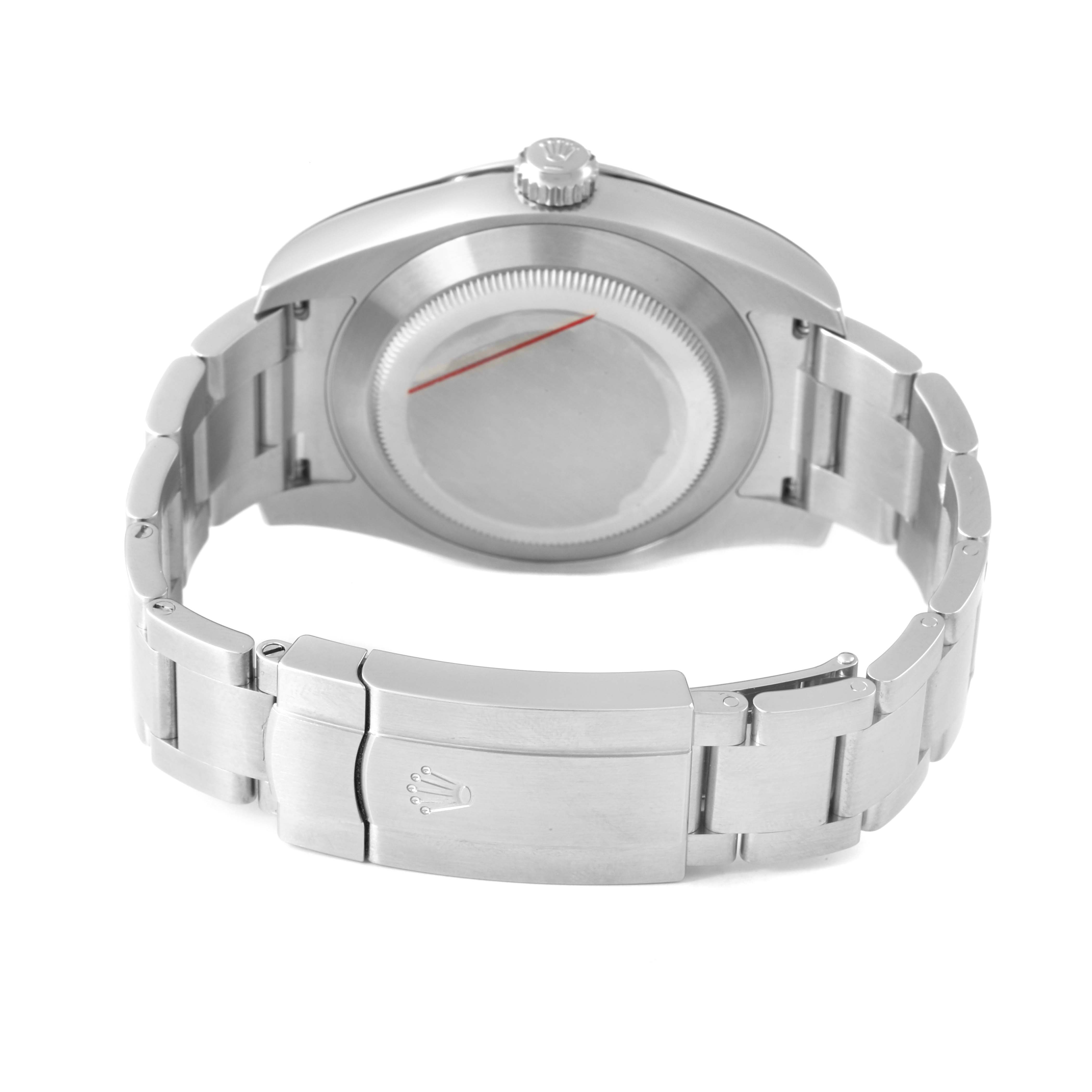 The image shows the back of a Rolex Air-King 116900 Men's Stainless Steel Black Dial watch, highlighting the bracelet, clasp, and case back.