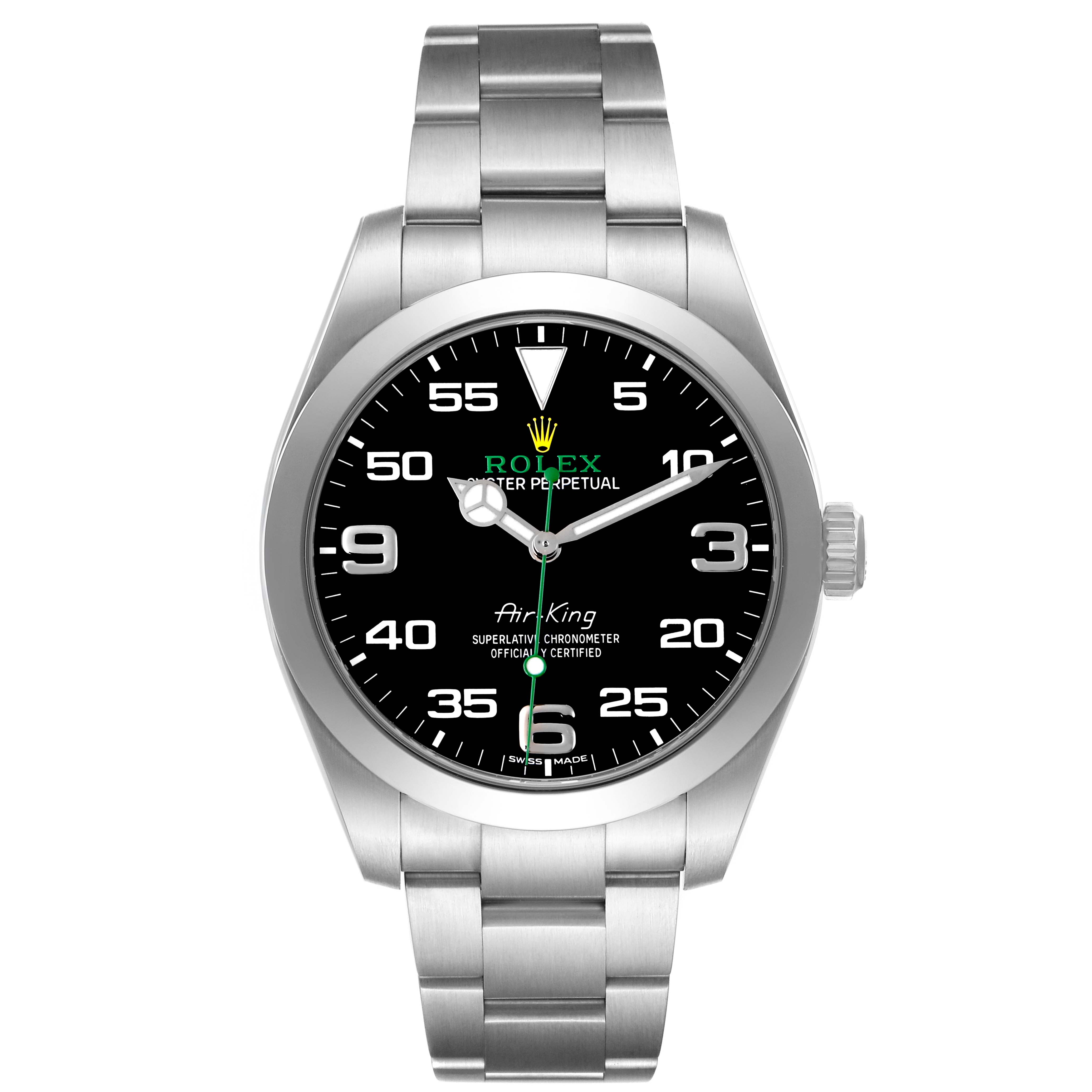 The Rolex Air-King 116900 Men's Stainless Steel Black Dial watch is shown from a front angle, displaying the face, bezel, and metal bracelet.