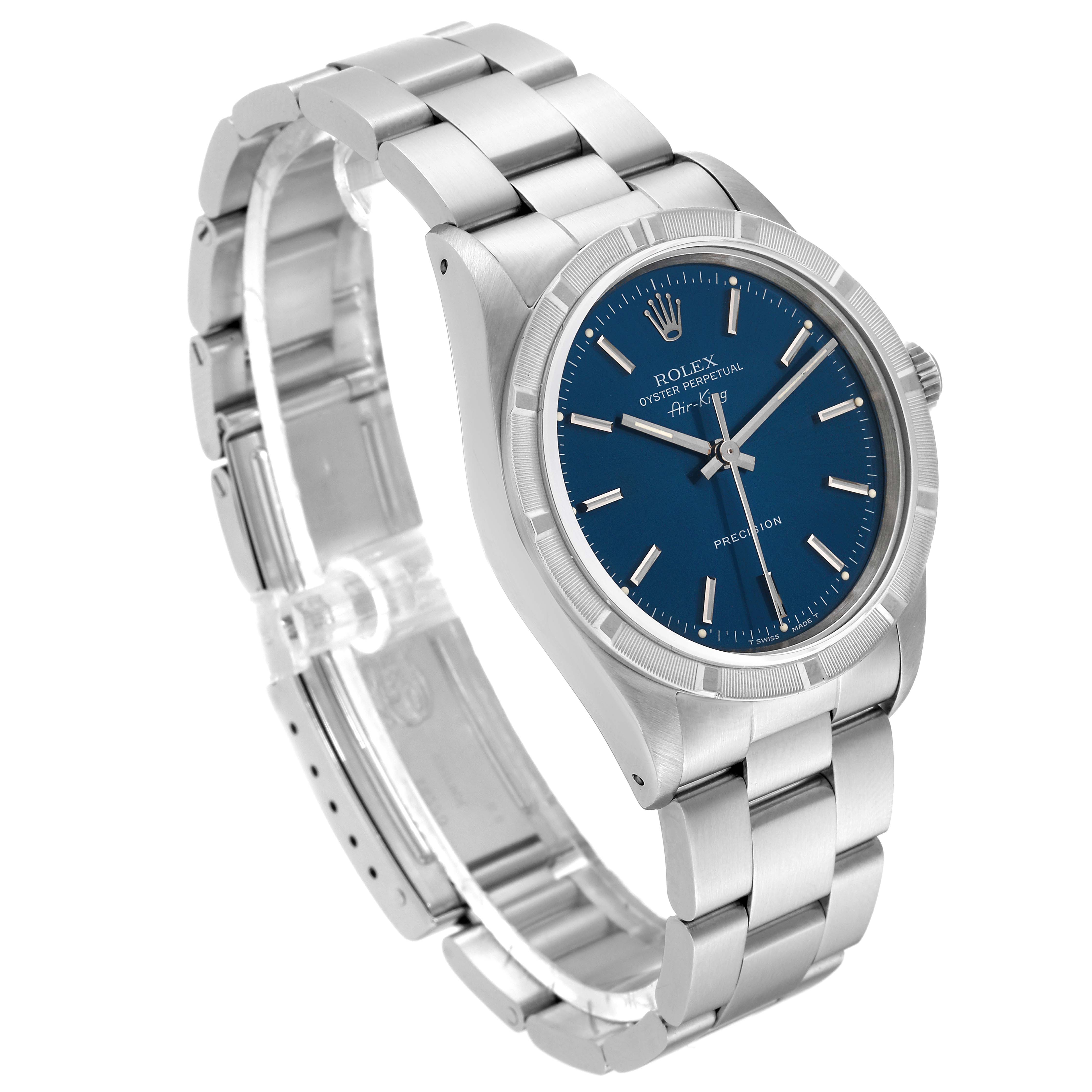 The image shows a Rolex Air-King 14010 Men's Stainless Steel Blue Dial 14010 Men's Stainless Steel Blue Dial watch from an angled side view, highlighting the blue dial, stainless steel bracelet, and clasp.