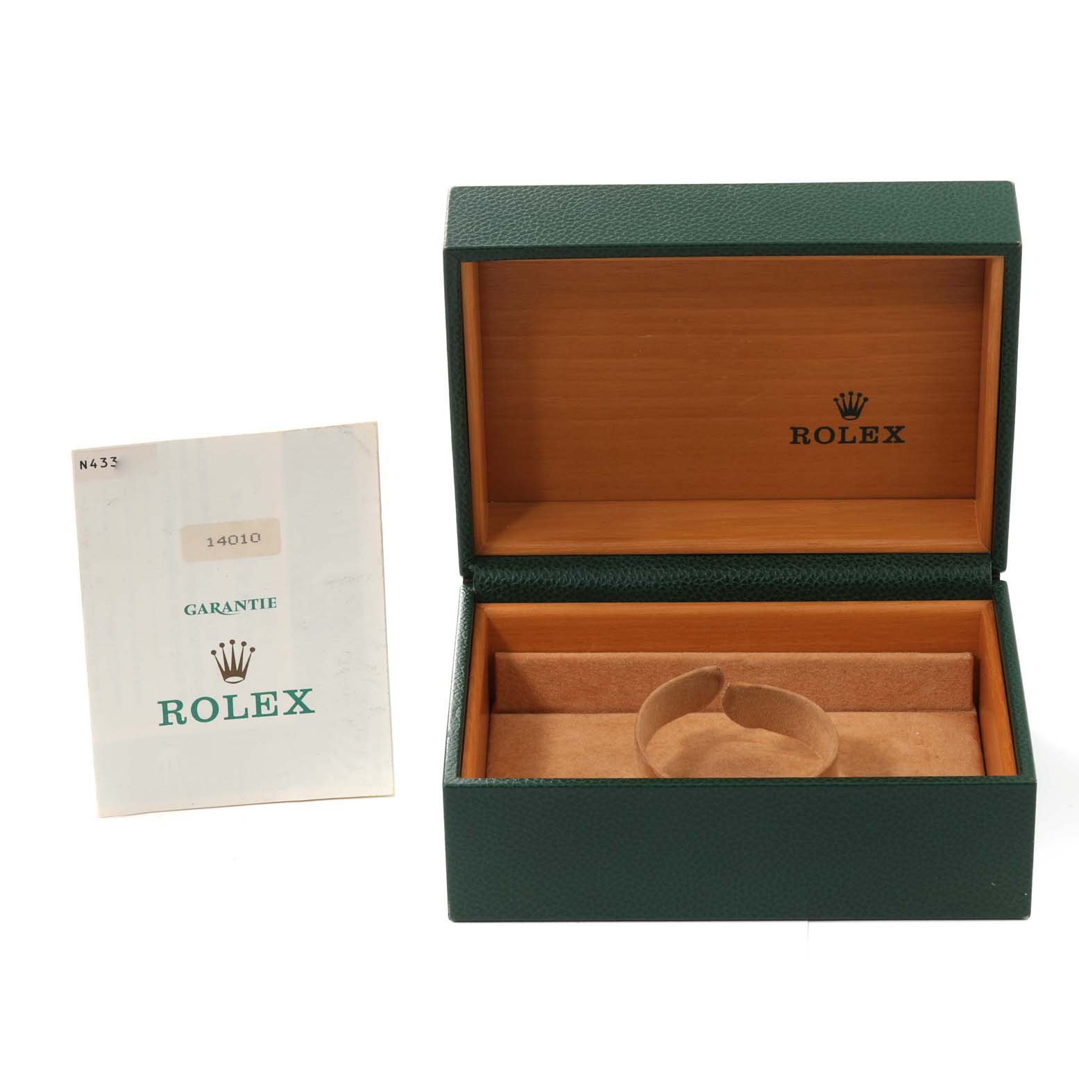 The image shows an open Rolex Air-King 14010 Men's Stainless Steel Blue Dial 14010 Men's Stainless Steel Blue Dial watch box and a Rolex guarantee booklet.