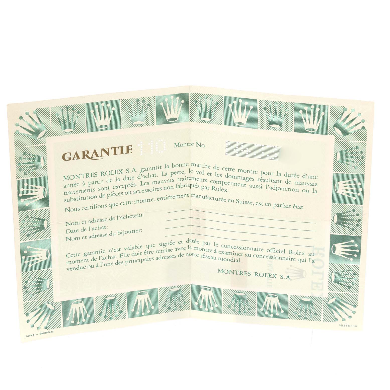 The image shows an open warranty booklet for the Rolex Air-King 14010 Men's Stainless Steel Blue Dial 14010 Men's Stainless Steel Blue Dial watch, featuring text and iconic crown logos.