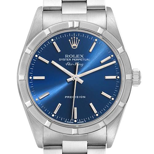 Photo of Rolex Air King Engine Turned Bezel Blue Dial Steel Mens Watch 14010 Box Papers