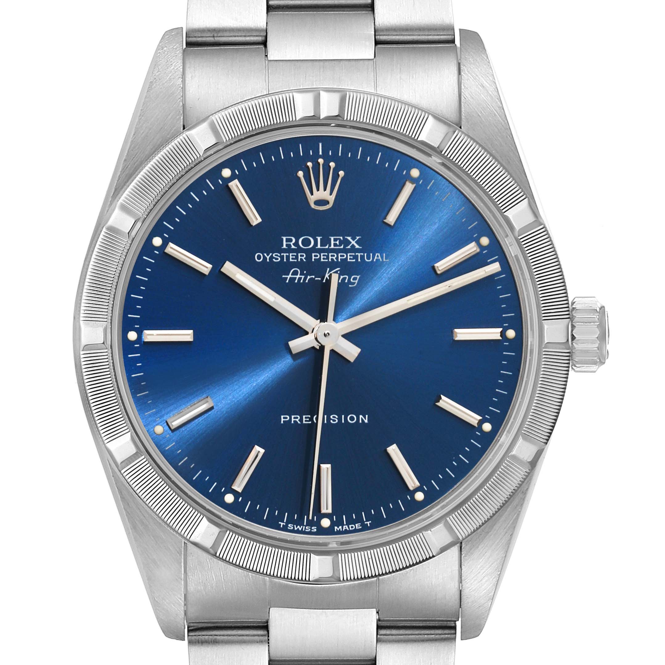 The Rolex Air-King 14010 Men's Stainless Steel Blue Dial 14010 Men's Stainless Steel Blue Dial watch is shown from a front angle, displaying the blue dial, hands, markers, and part of the stainless steel bracelet.