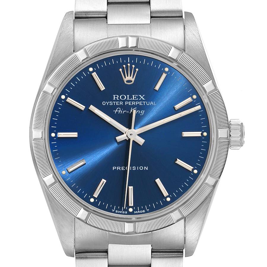Rolex Air King Engine Turned Bezel Blue Dial Steel Mens Watch 14010 Box Papers SwissWatchExpo