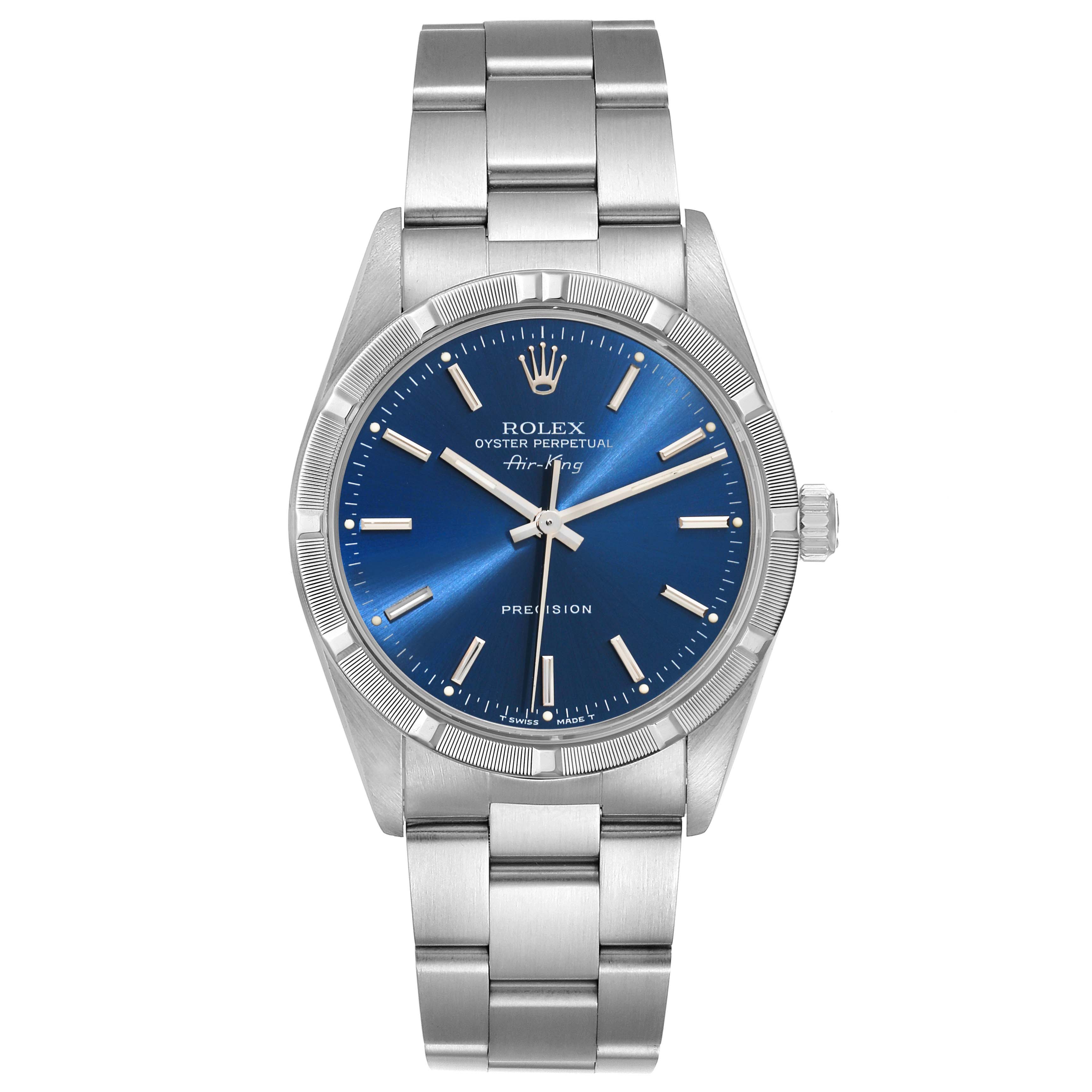 The image shows a front view of a Rolex Air-King 14010 Men's Stainless Steel Blue Dial 14010 Men's Stainless Steel Blue Dial watch with a blue dial and stainless steel bracelet.