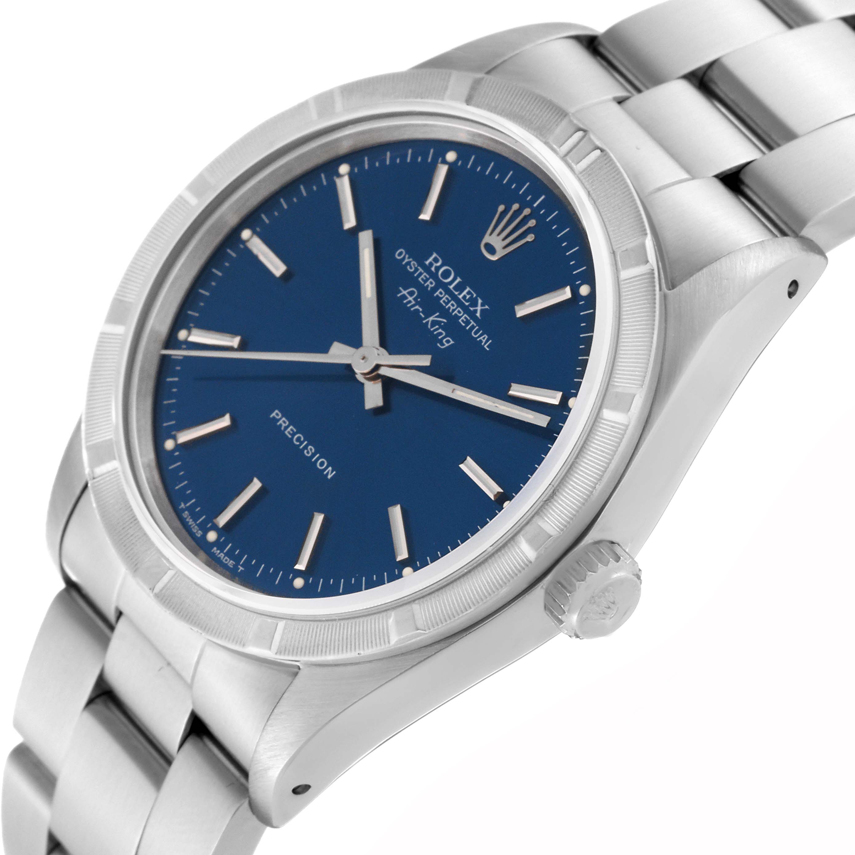 This image shows a side angle of the Rolex Air-King 14010 Men's Stainless Steel Blue Dial 14010 Men's Stainless Steel Blue Dial, highlighting its blue dial, stainless steel case, and bracelet.