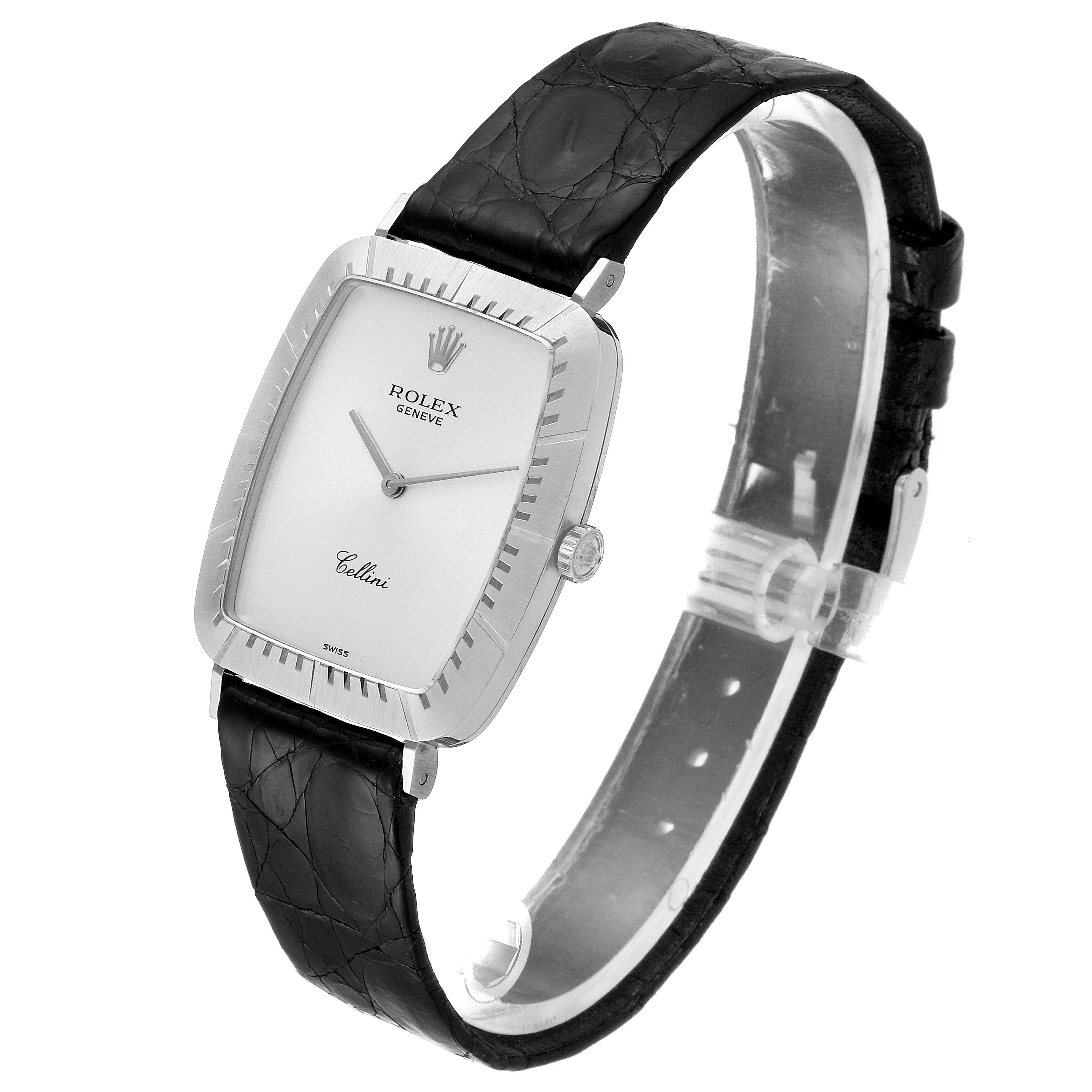 The image shows a front-facing view of the Rolex Vintage Collection 4087 Men's White Gold Silver Dial 4087 Men's White Gold Silver Dial Cellini watch, displaying its face, bezel, crown, and leather strap.